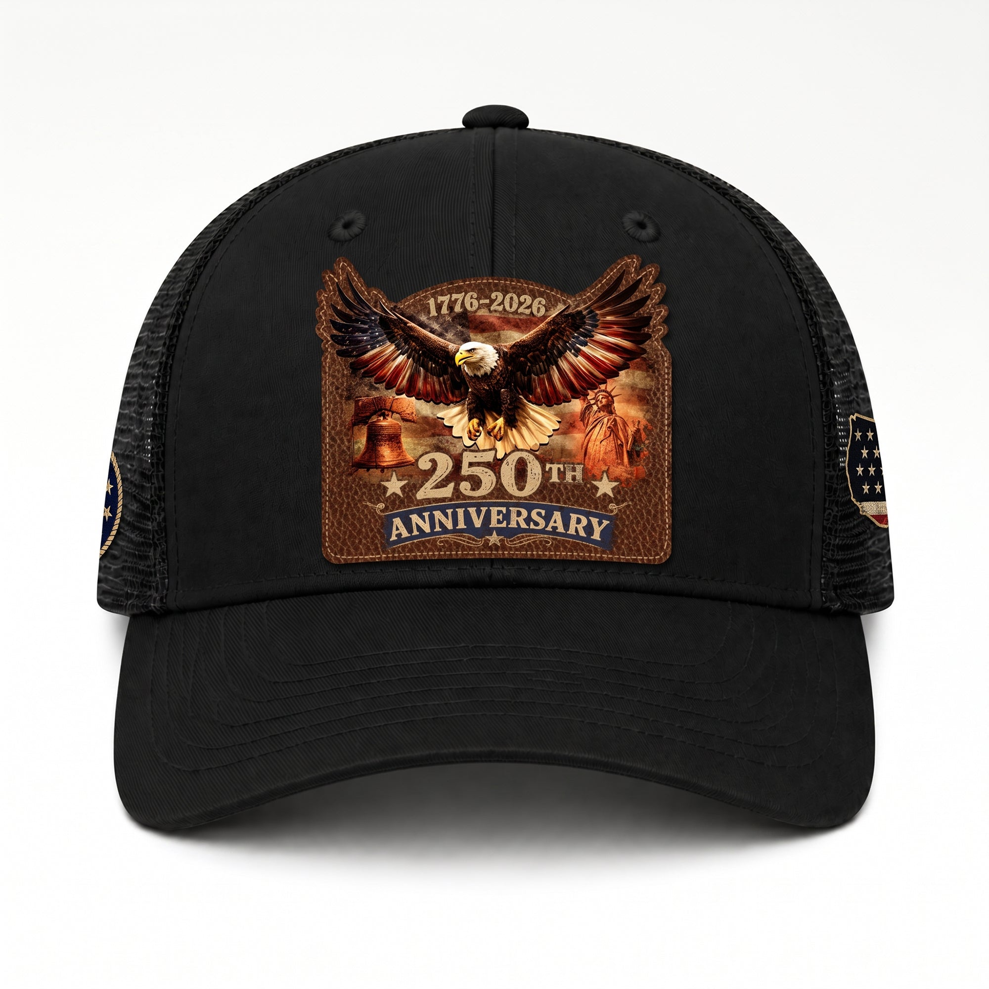1776-2026 USA Heritage Leather Patch Trucker Cap Patriotic Eagle & Liberty Bell Hat