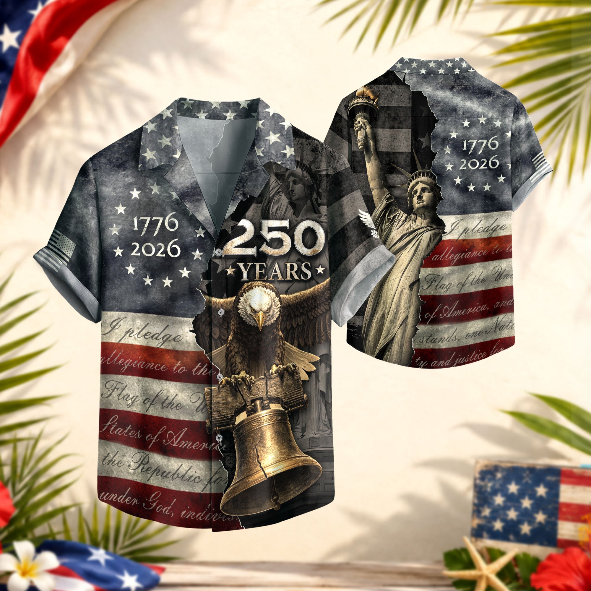 Hawaiian Shirt 250th Anniversary US Flag Pledge of Allegiance Vintage Eagle