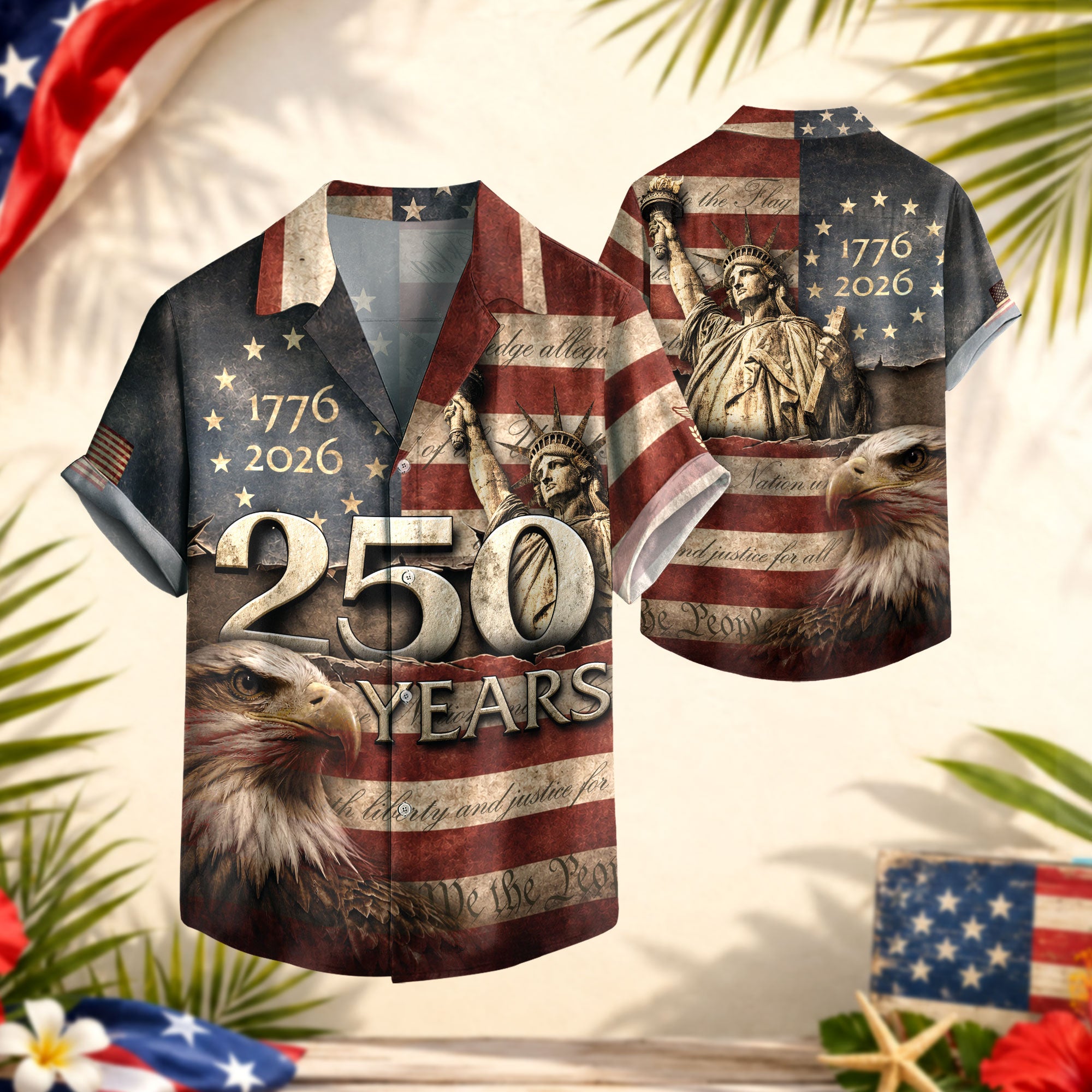 Hawaiian Shirt 250th Anniversary Vintage US Tattered Flag Patriotic Eagle