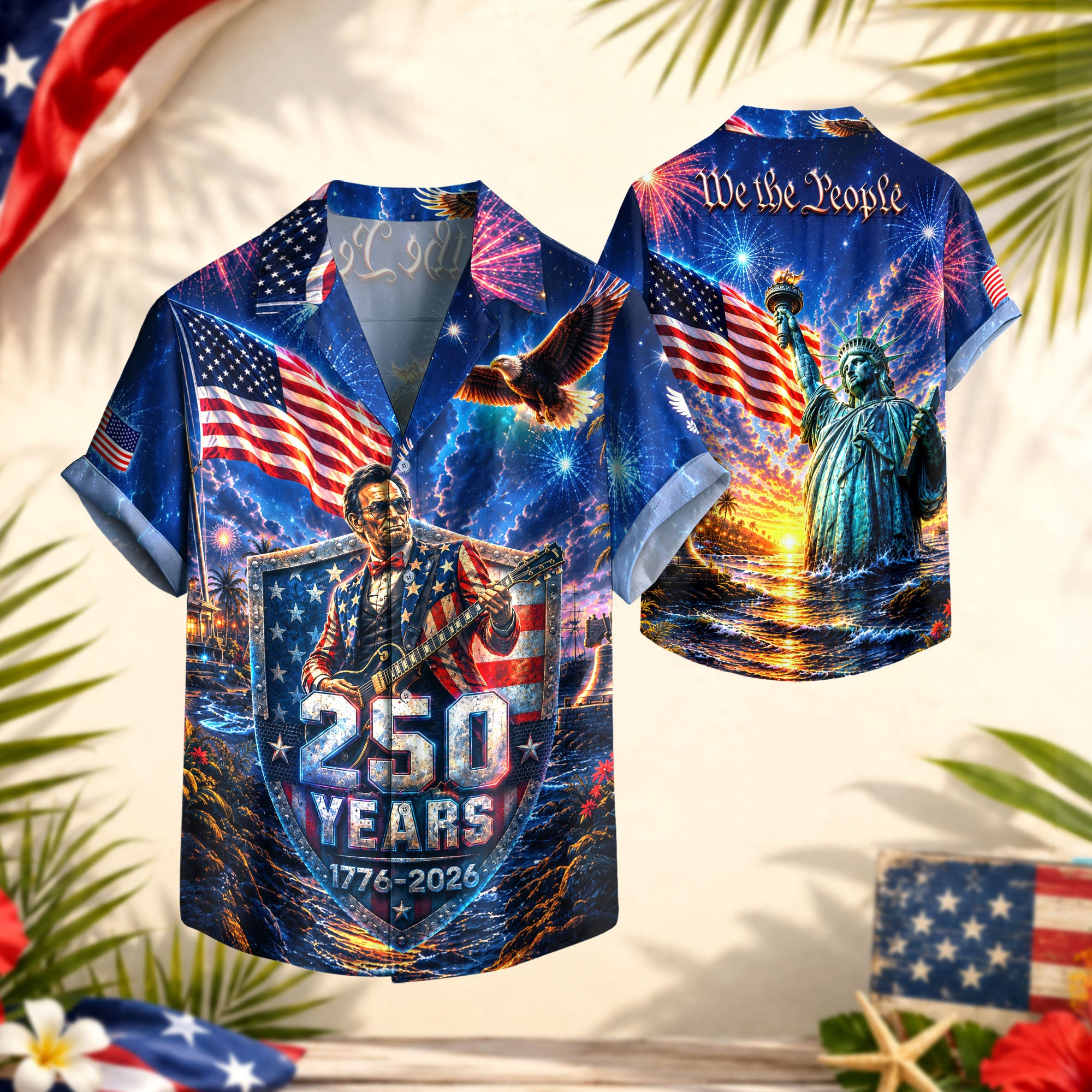 Hawaiian Shirt Patriotic 250th Anniversary Abraham Lincoln Eagle Fireworks