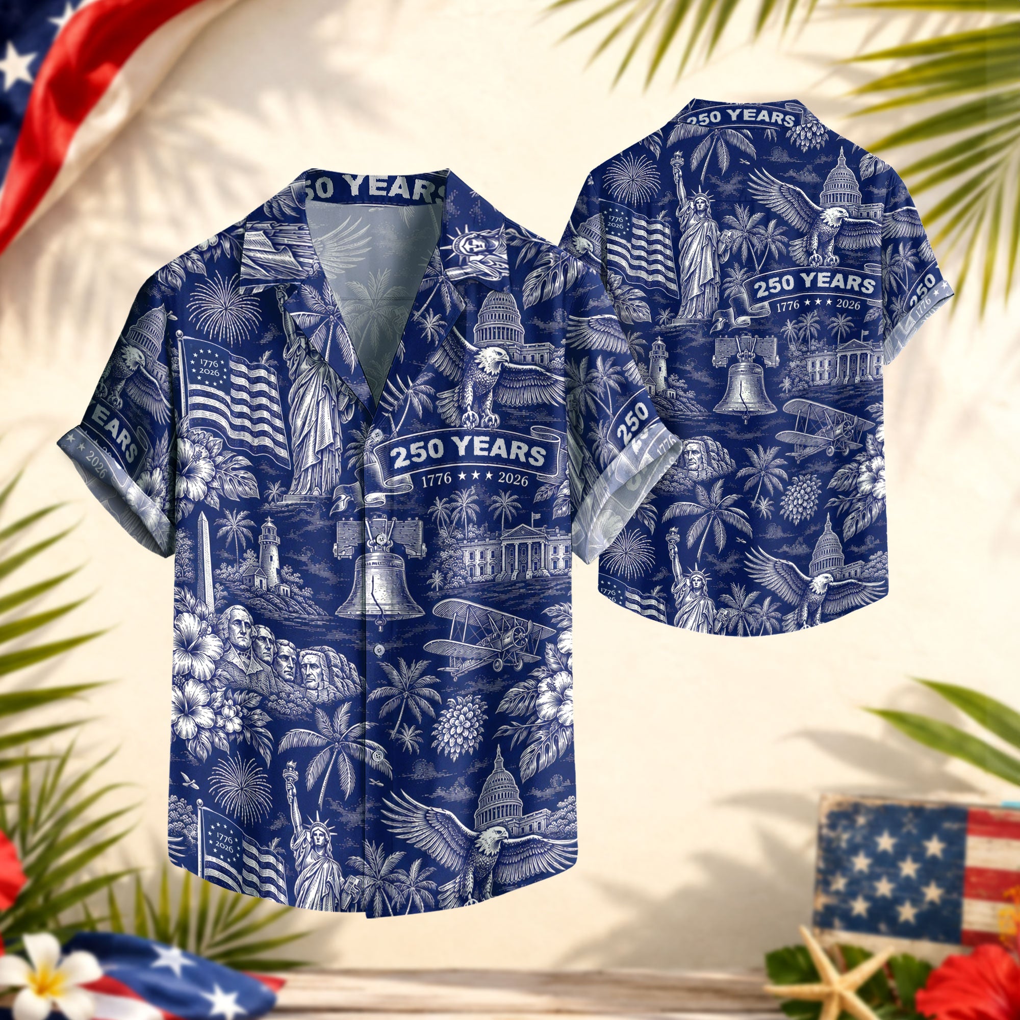 Hawaiian Shirt 250th Anniversary Vintage Patriotic Blue Toile All Over Print