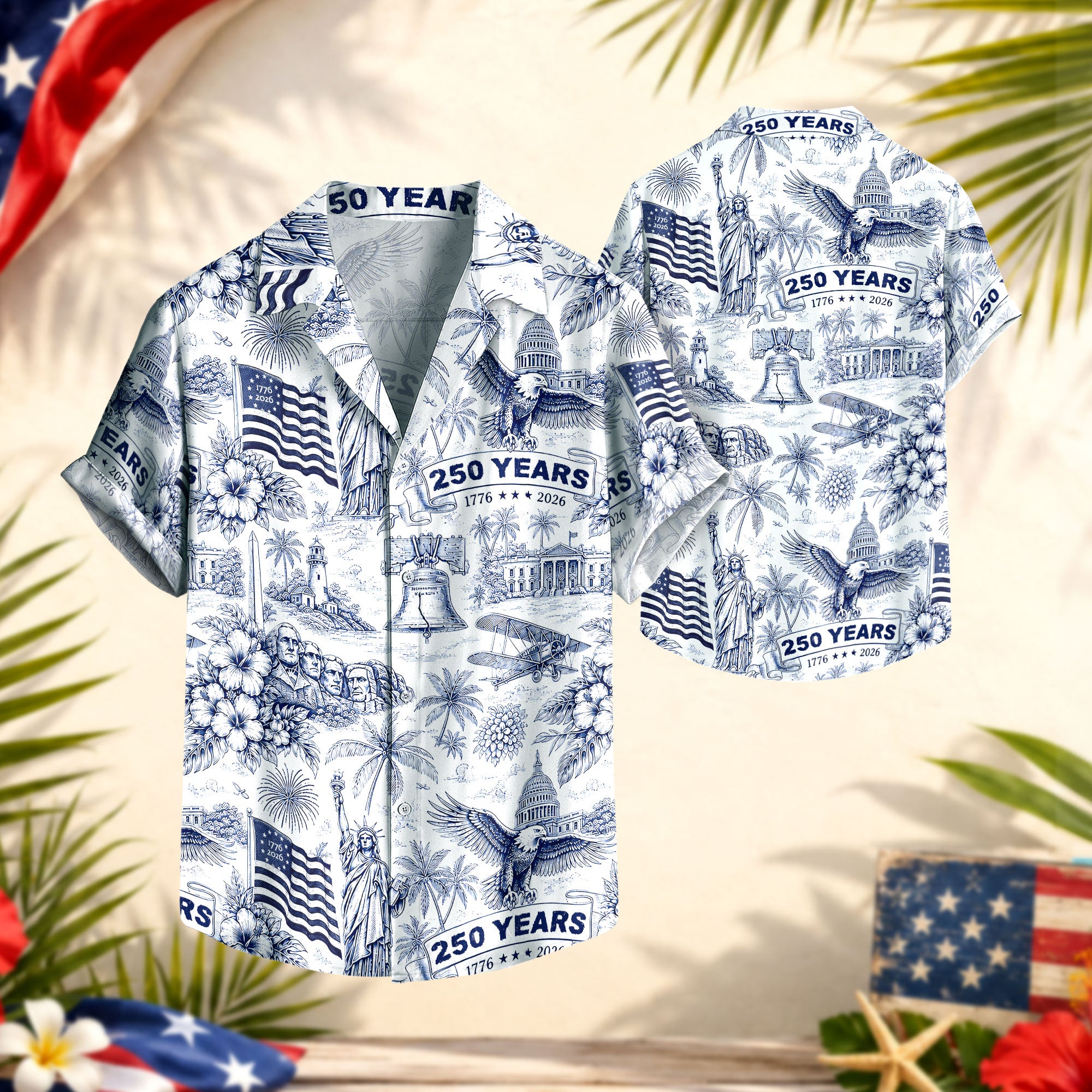 Hawaiian Shirt 250th Anniversary Vintage Patriotic White Toile All Over Print