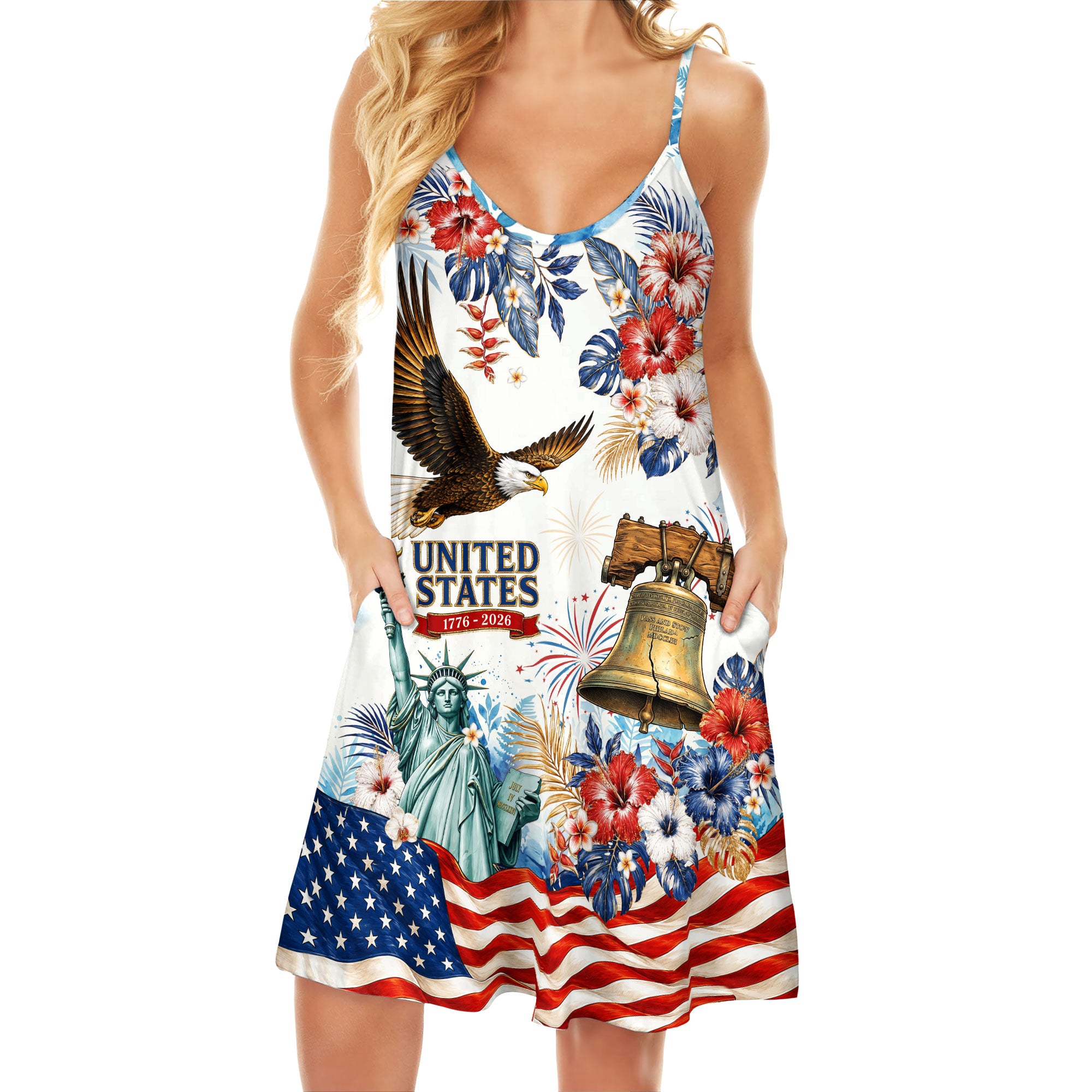 Womens 250th Anniversary Strap Dress Cool Patriotic American Flag Floral Holiday Top
