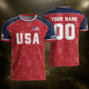 Custom Name Number USA Soccer Jersey Red Raglan Patriotic Stars Football Team Shirt