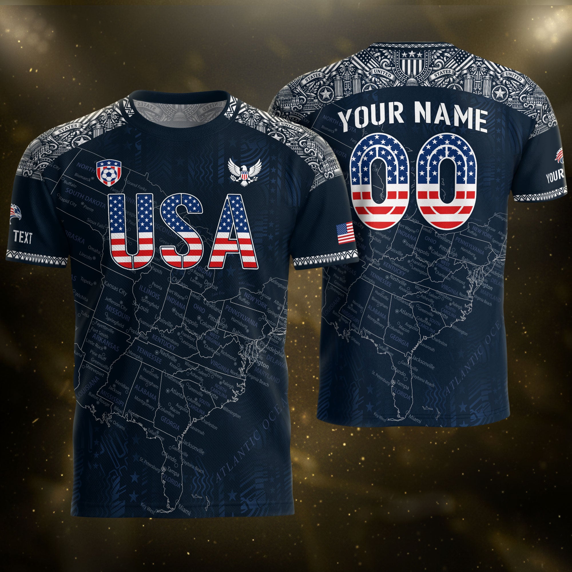 Custom Name Number USA Soccer Jersey Vintage Map Patriotic Navy Blue Football Team Shirt