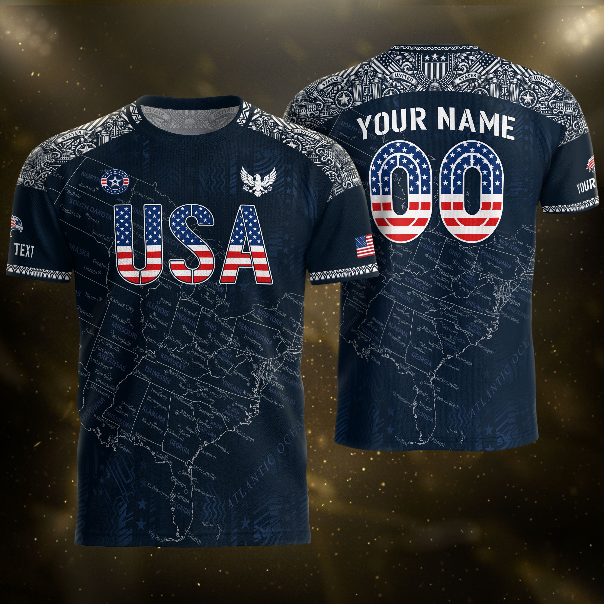 Custom Name Number USA Soccer Jersey Vintage Map Patriotic Navy Blue Football Team Shirt