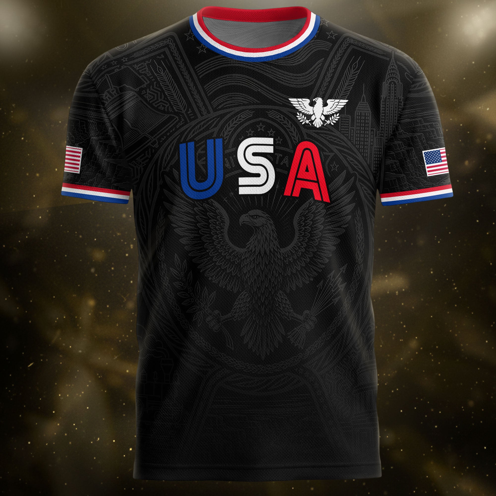 USA Patriotic Soccer Jersey Adult Black Eagle American Flag Independence Day Shirt