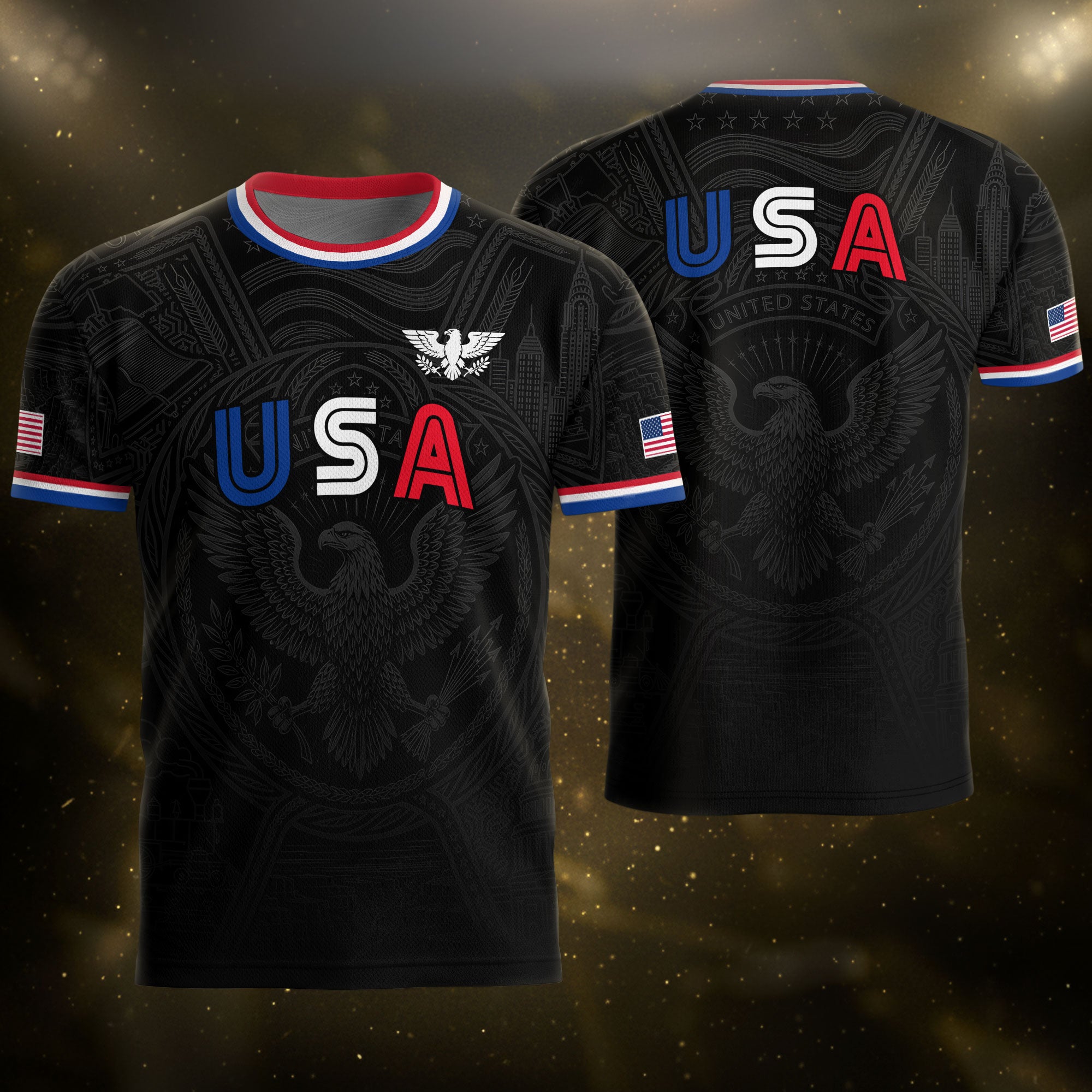 USA Patriotic Soccer Jersey Adult Black Eagle American Flag Independence Day Shirt