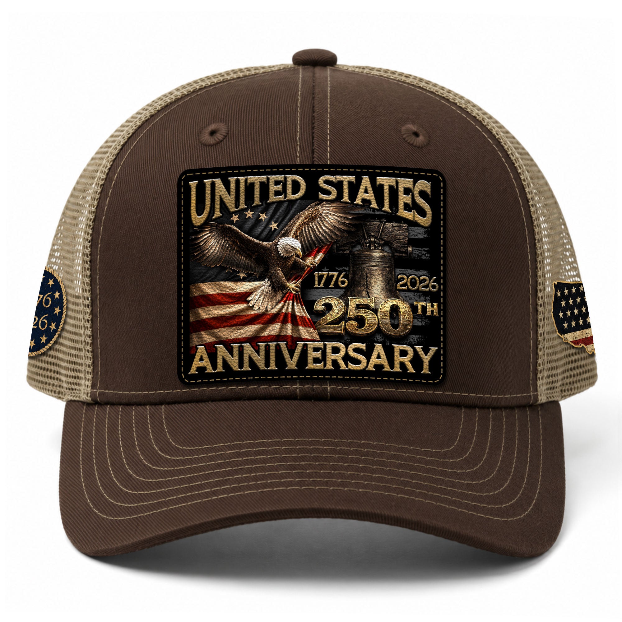 US 250th Anniversary Eagle Trucker Hat Vintage Leather Patch Patriotic Historic Cap