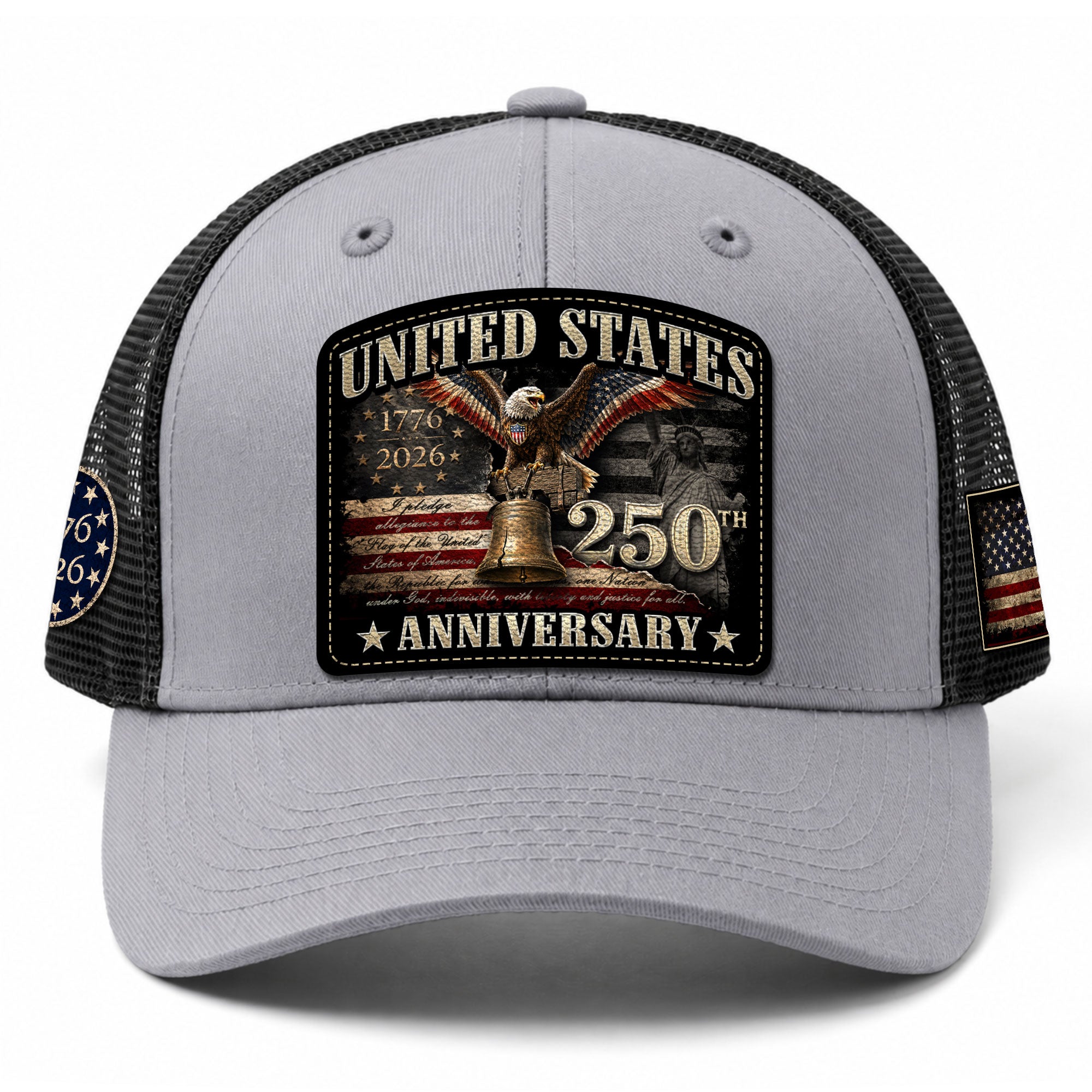 US 250th Anniversary Trucker Hat Statue of Liberty Bell Eagle Patriotic Mesh Cap