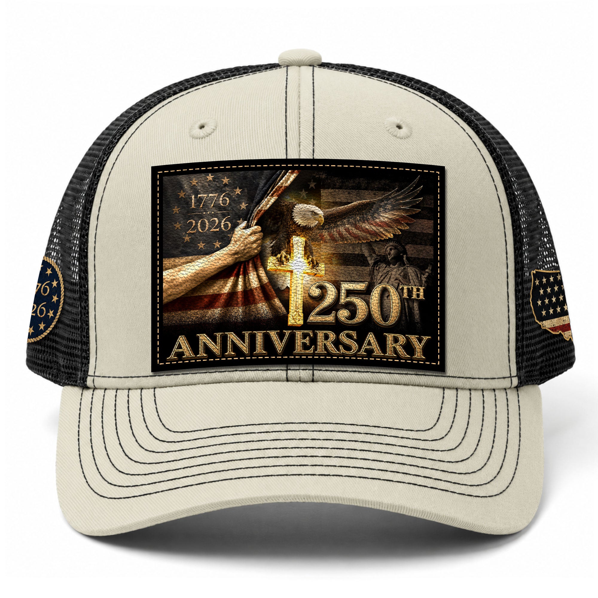 US 250th Anniversary Trucker Hat Christian Cross Eagle Patriotic Leather Patch Mesh Cap