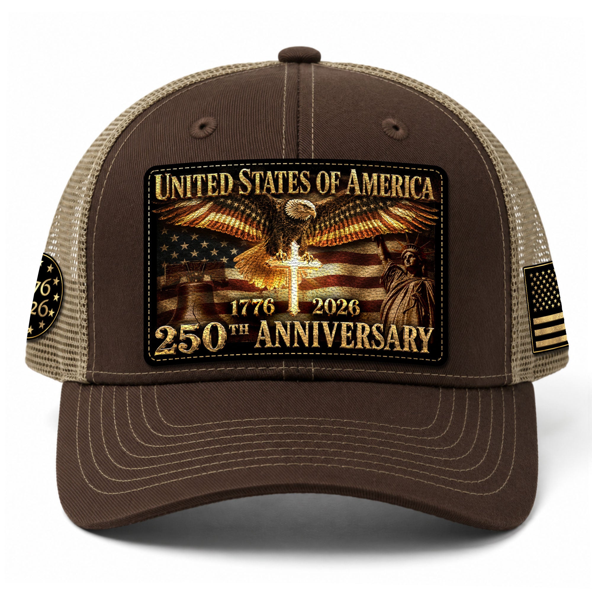 US 250th Anniversary Trucker Hat Christian Cross Eagle Liberty Bell Patriotic Mesh Cap