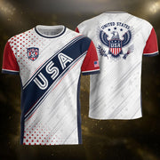 Adult USA Soccer Jersey White Navy Patriotic Diagonal Sash Polka Dot United States Tee