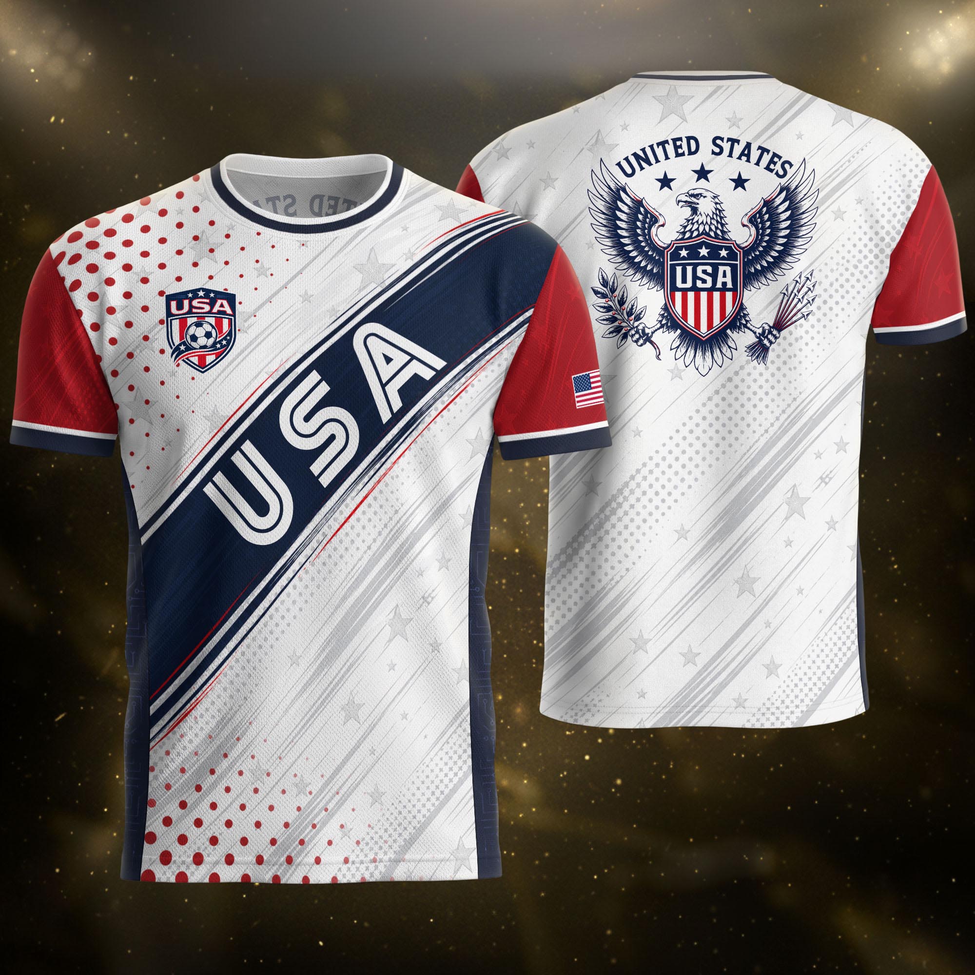 Adult USA Soccer Jersey White Navy Patriotic Diagonal Sash Polka Dot United States Tee