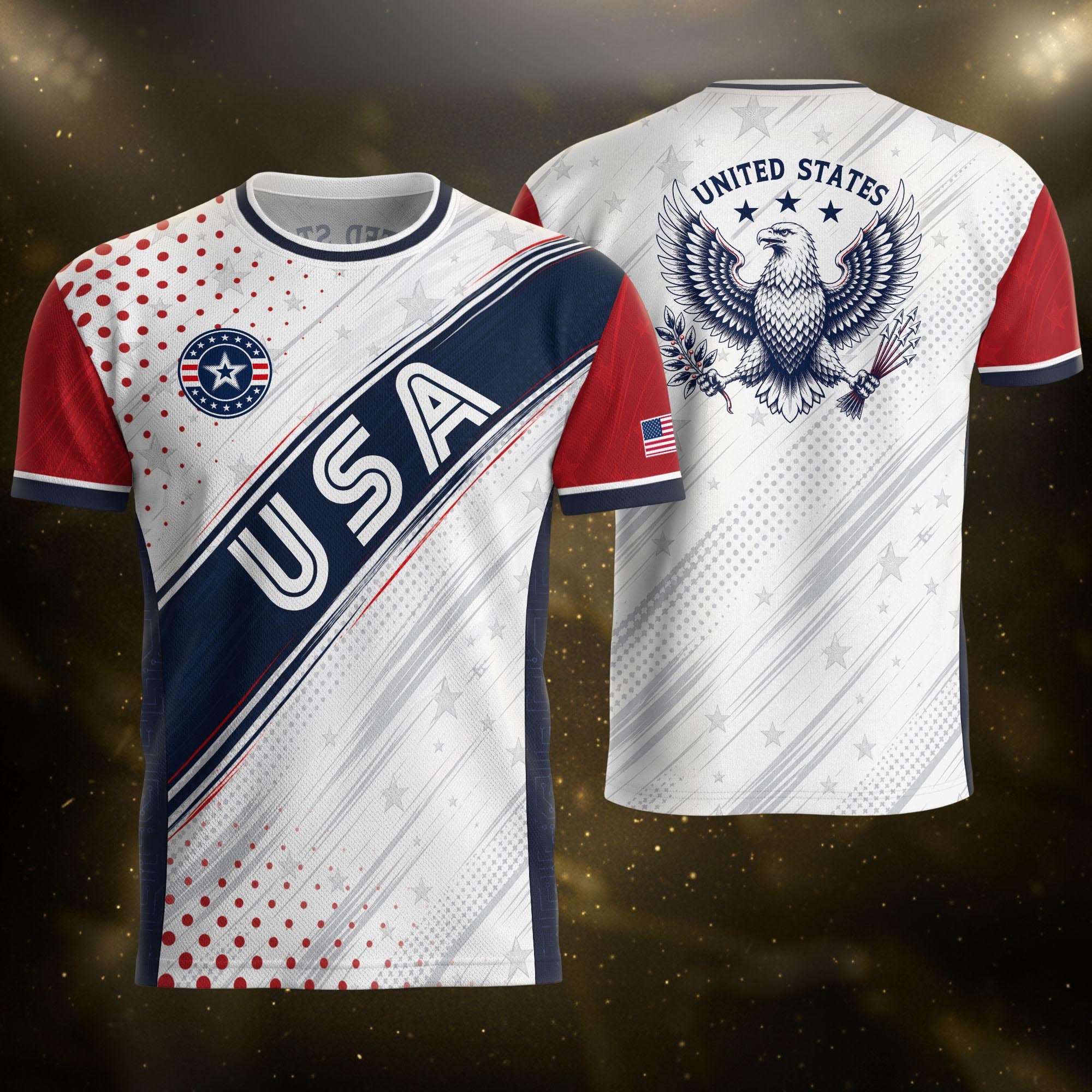 Adult USA Soccer Jersey White Navy Patriotic Diagonal Sash Polka Dot United States Tee