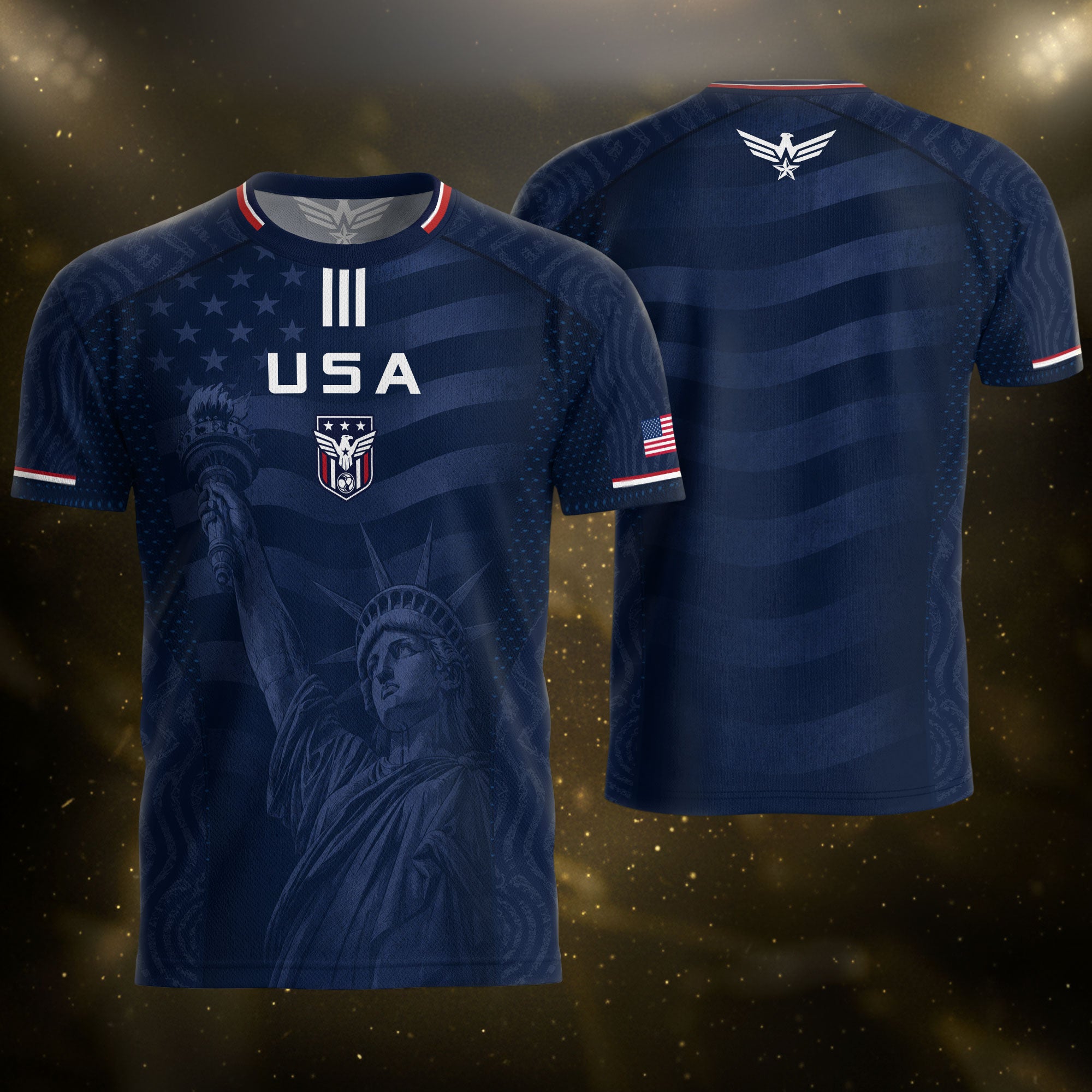 Adult USA Soccer Jersey Navy Patriotic Statue of Liberty Artistic Graphic Football Tee
