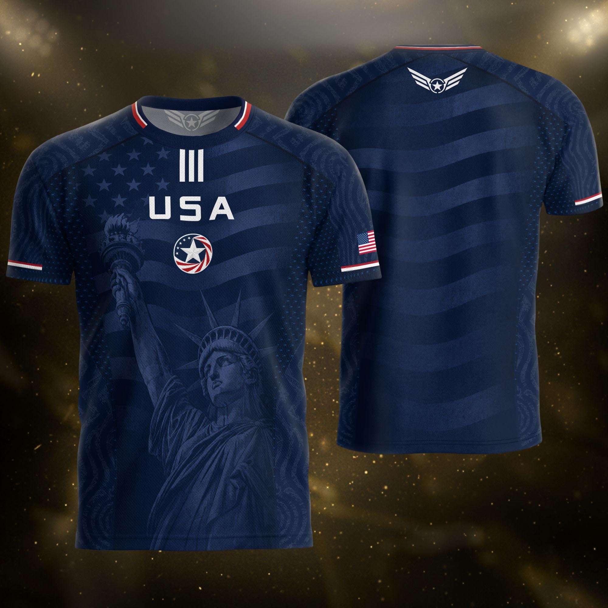 Adult USA Soccer Jersey Navy Patriotic Statue of Liberty Artistic Graphic Football Tee