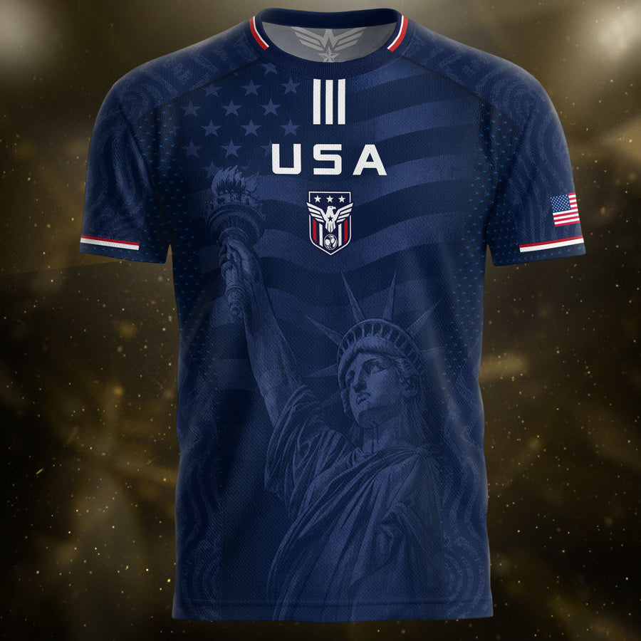 Adult USA Soccer Jersey Navy Patriotic Statue of Liberty Artistic Graphic Football Tee