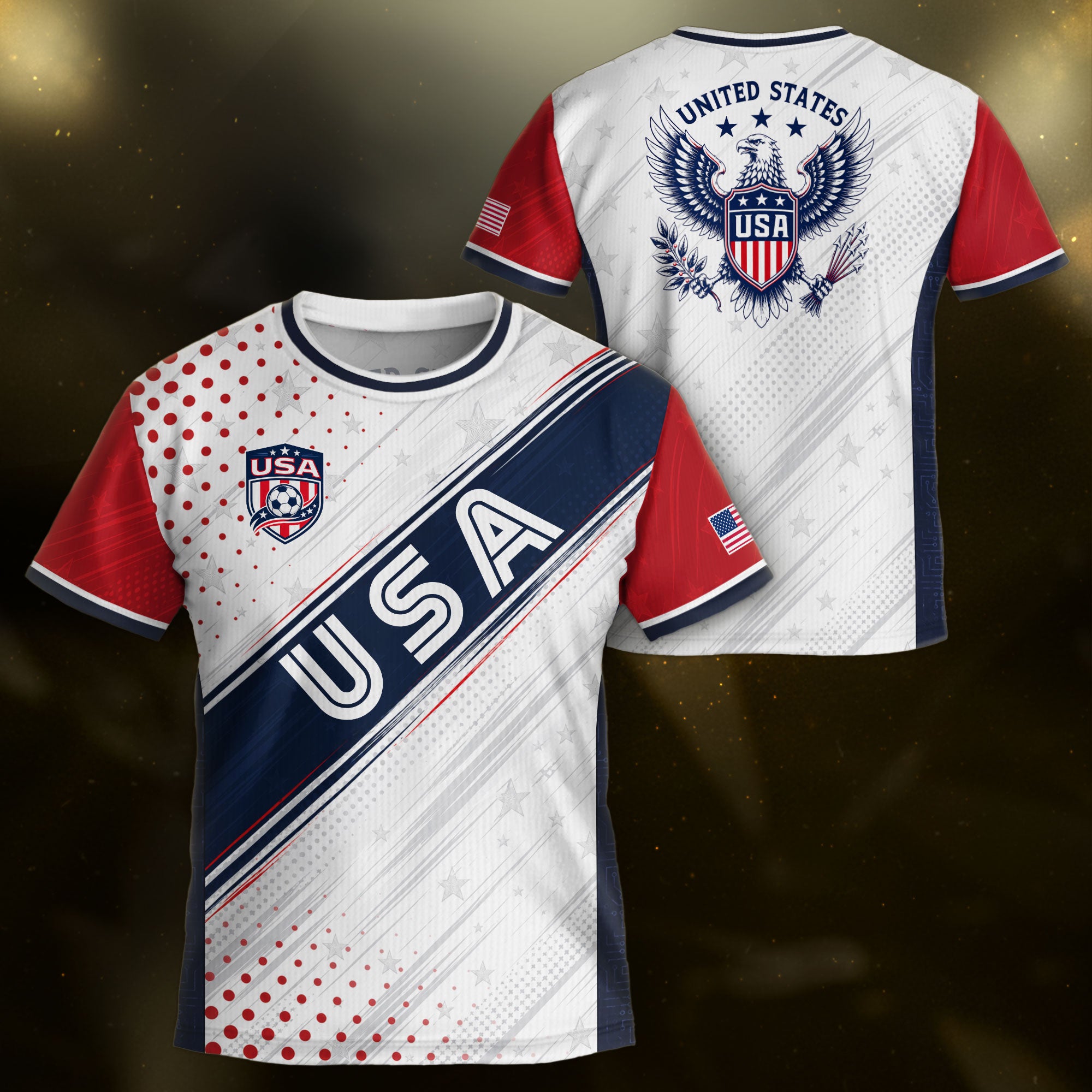Kids USA Soccer Jersey Youth Patriotic White Navy Diagonal Sash Polka Dot Sport Shirt