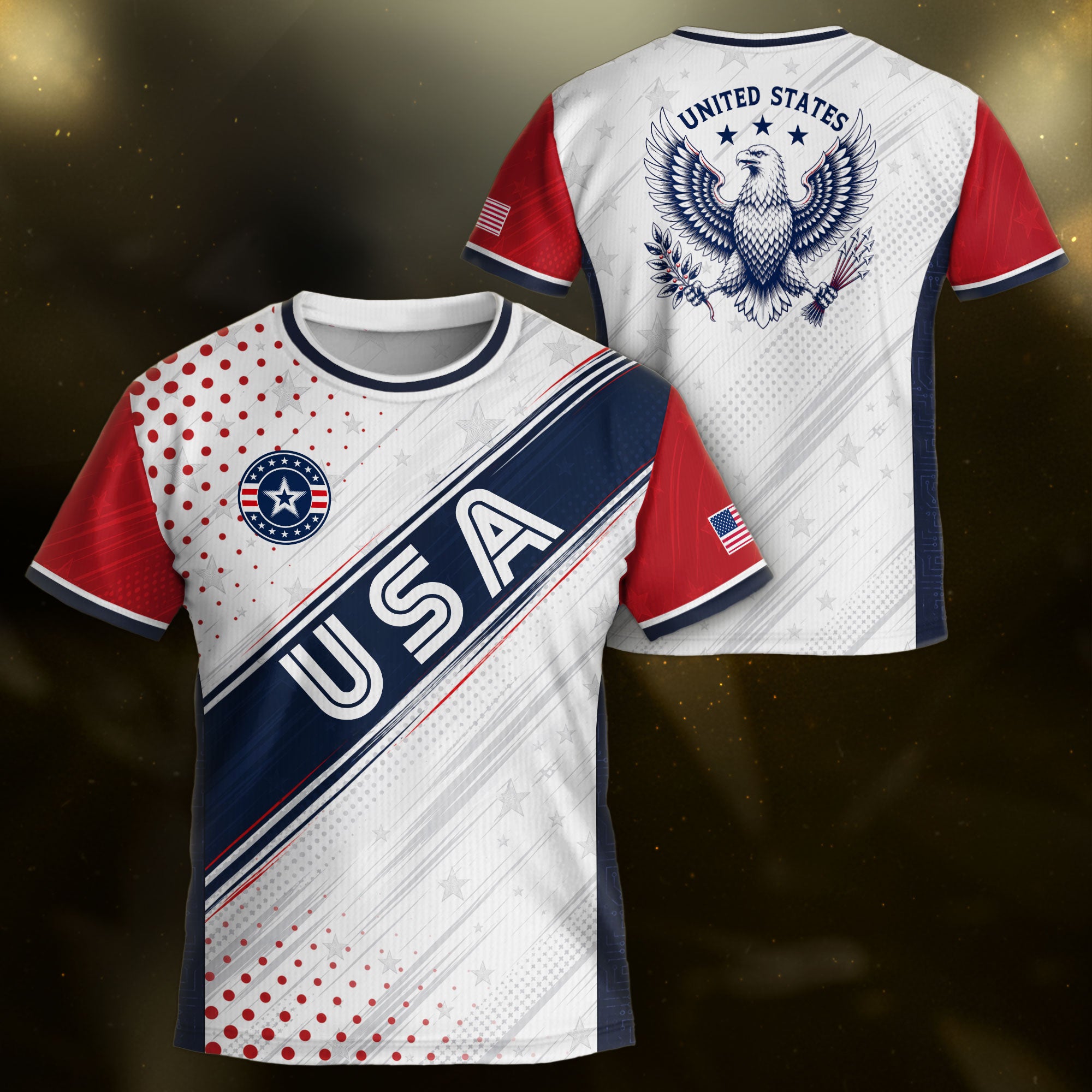 Kids USA Soccer Jersey Youth Patriotic White Navy Diagonal Sash Polka Dot Sport Shirt