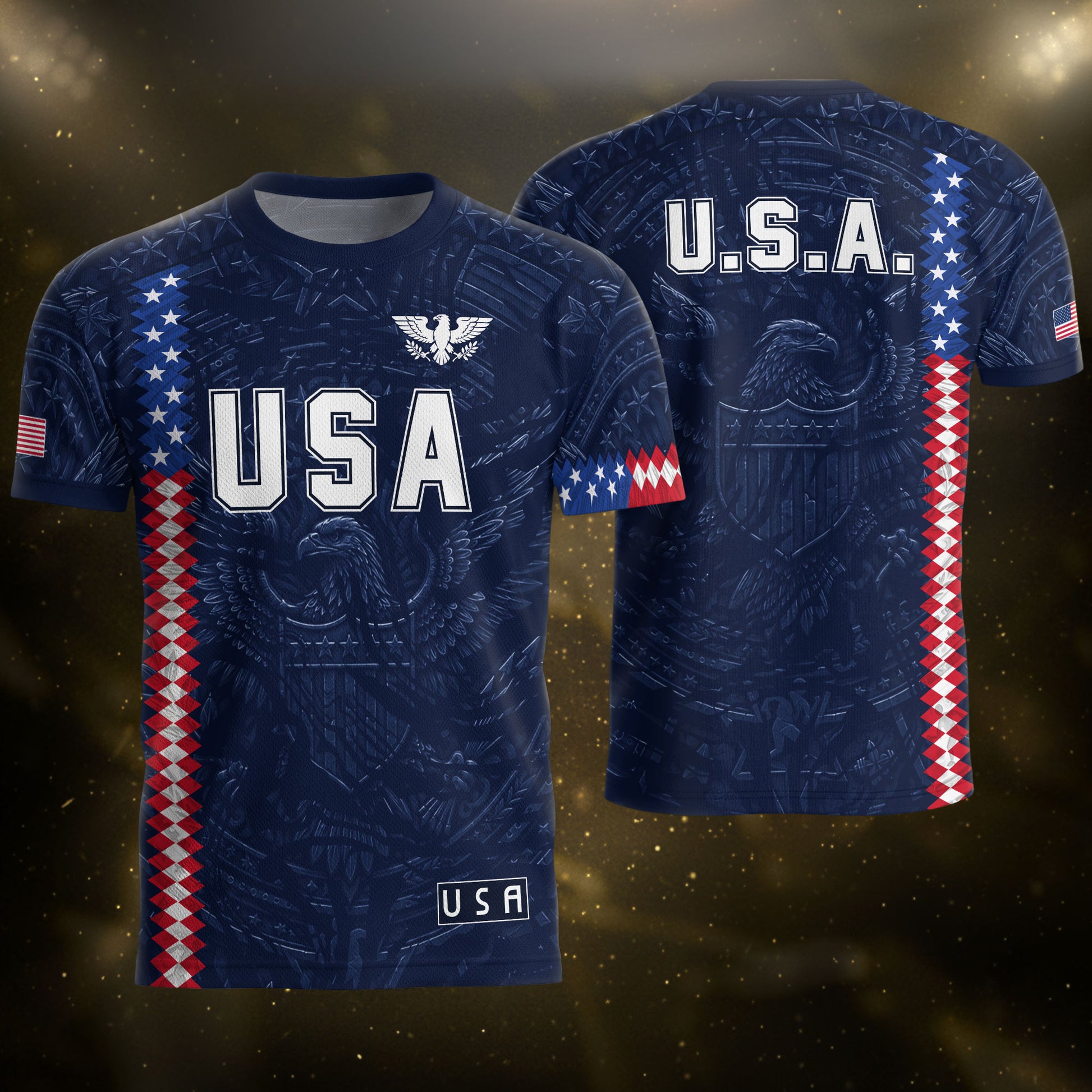 USA Soccer Jersey Men Navy Blue Eagle Flag Pattern Patriotic Football Shirt - Rust Field Wear