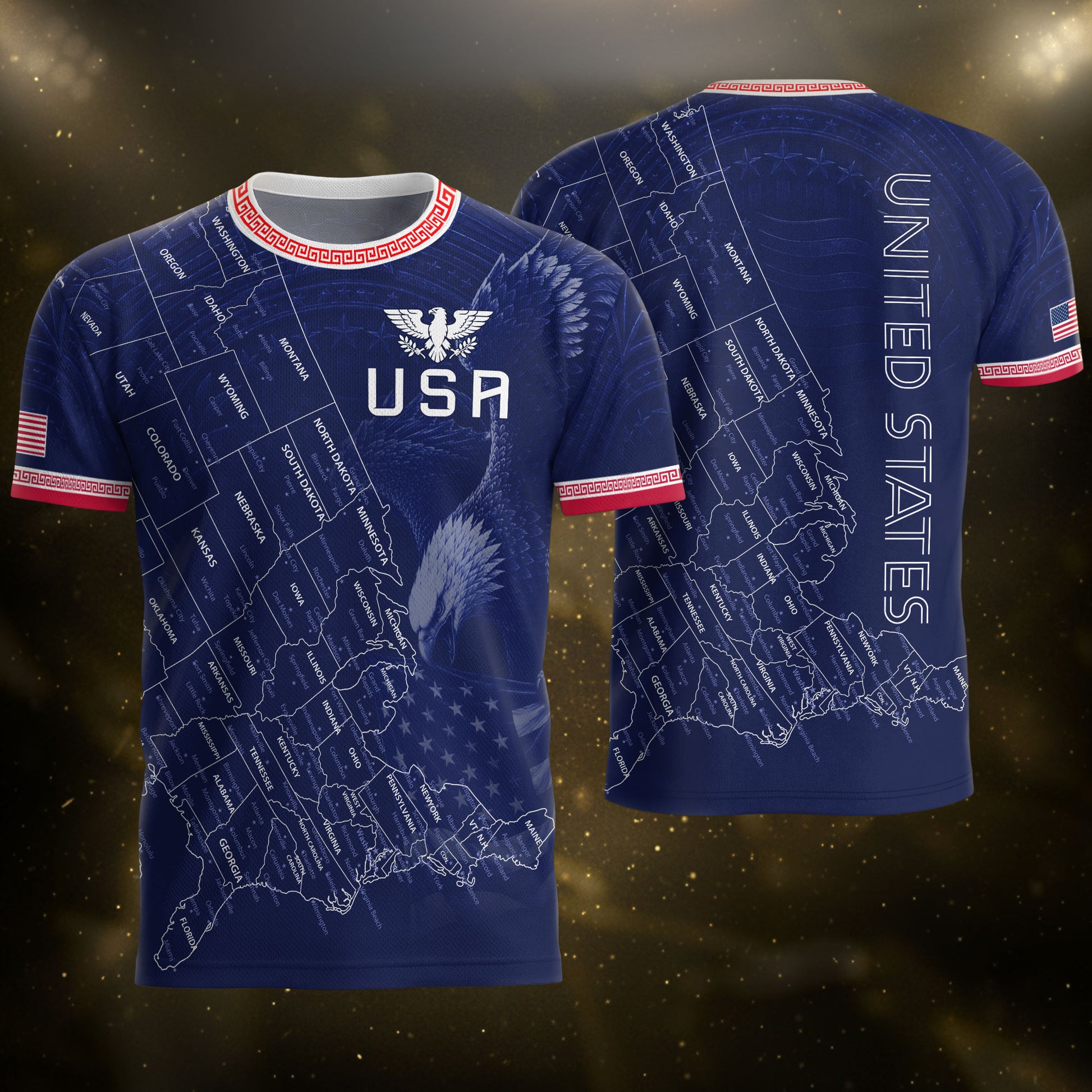 USA Soccer Jersey Men Navy Blue Eagle Map Graphic Patriotic Football T-Shirt - Rust Field Wear