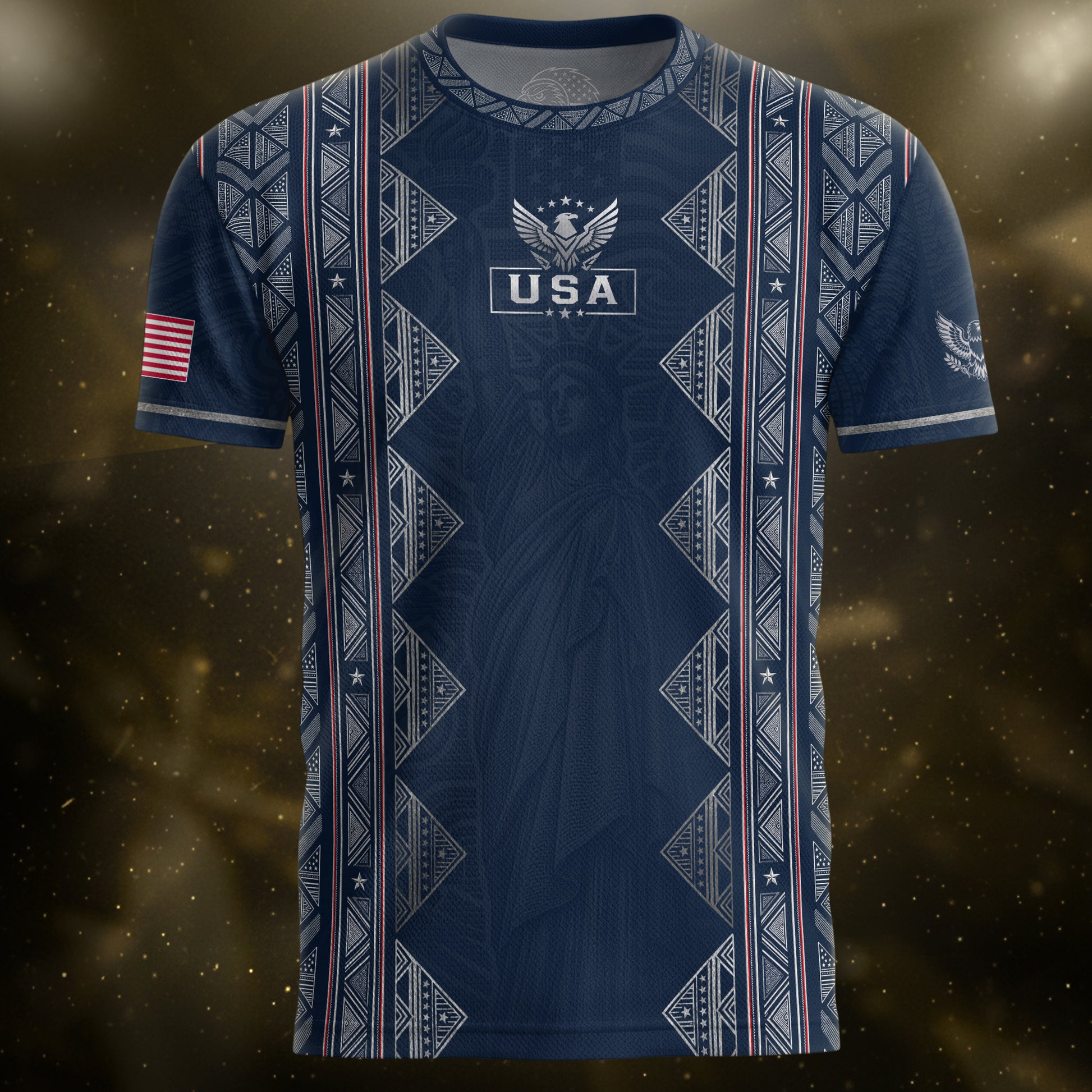 Adult Soccer Jersey Blue Patriotic Design - Iconic Statue of Liberty Sport Graphic Tee - Rust Field Wear