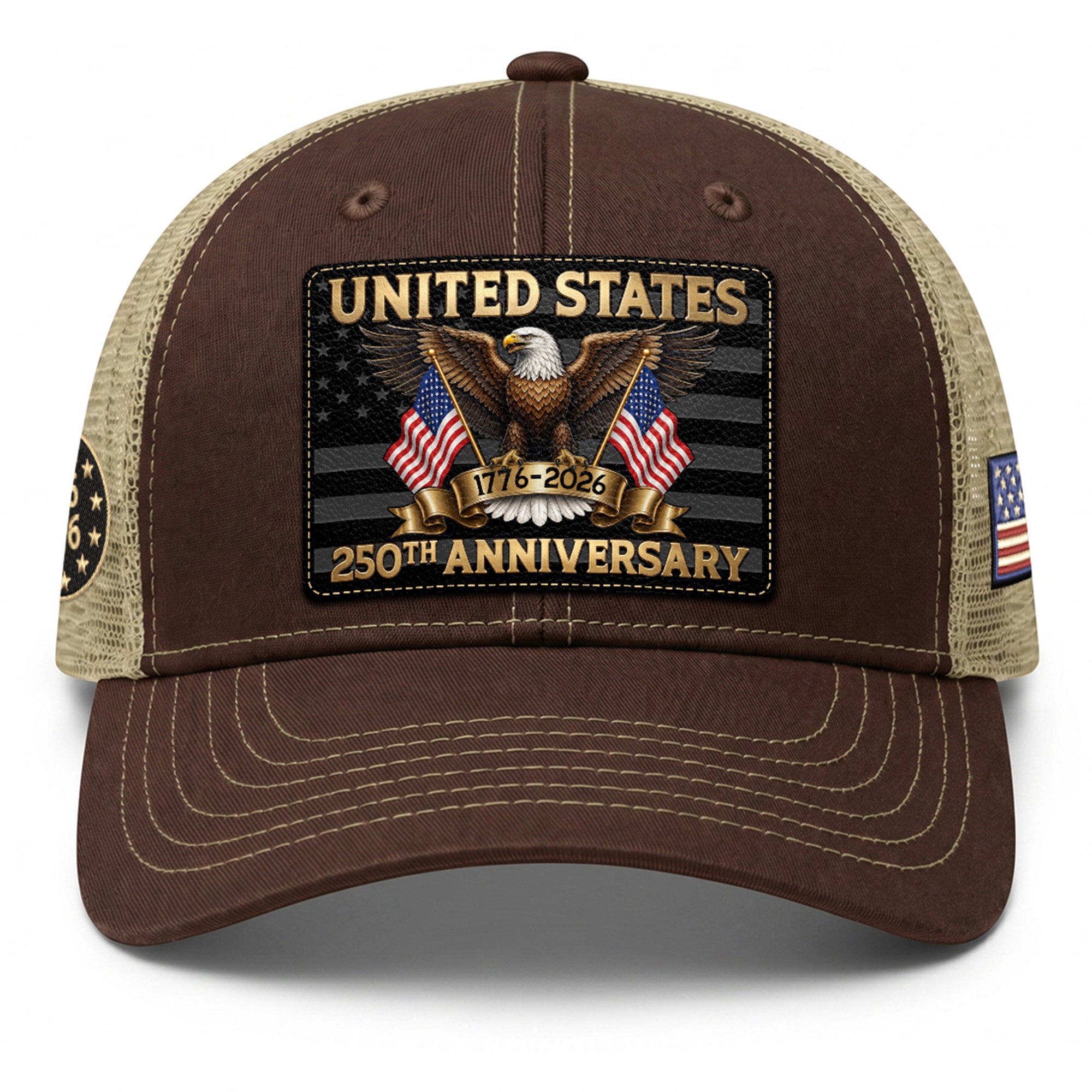 Brown Tan Mesh Back Cap Leather Patch 1776 to 2026 Structured Anniversary Hat