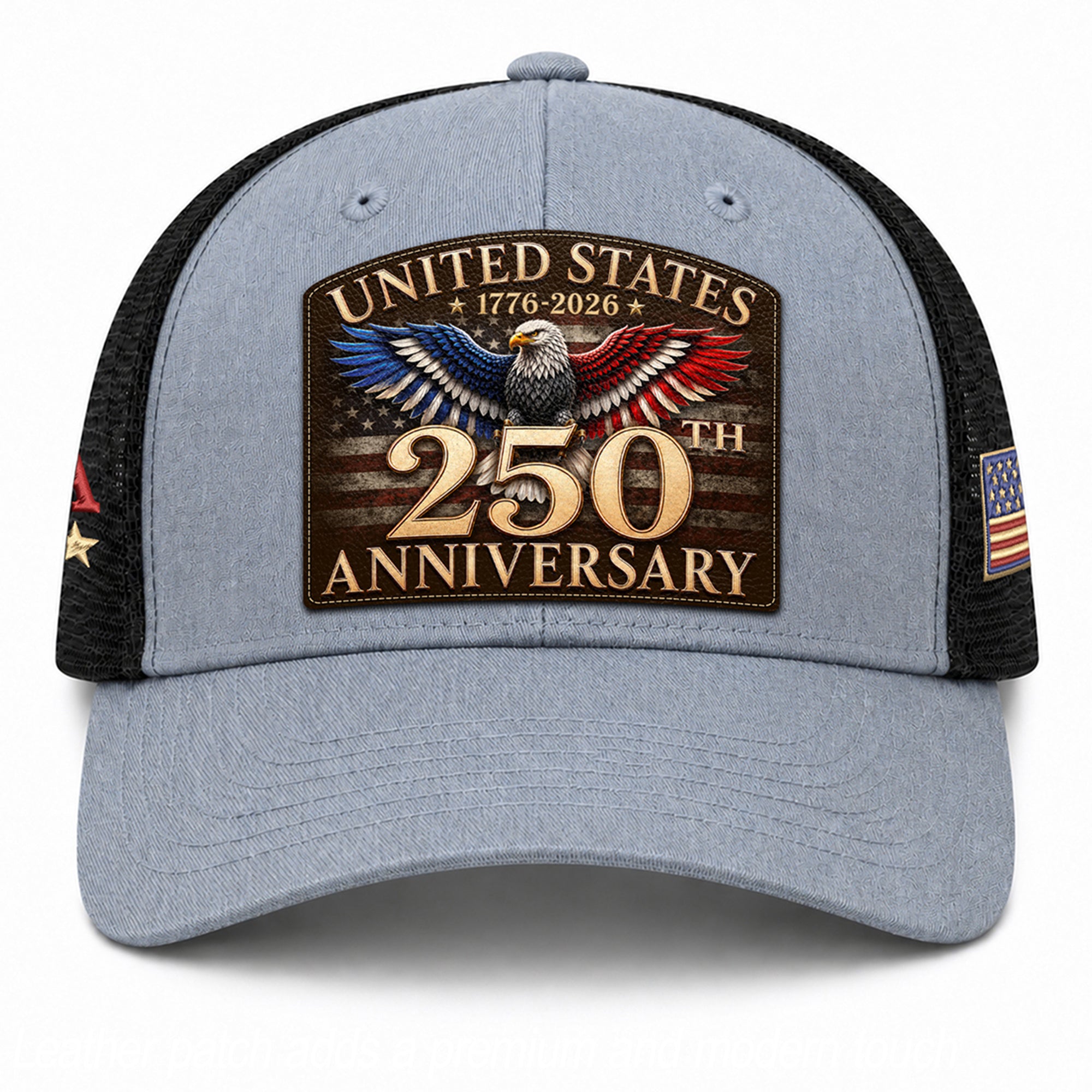 United States 250th Anniversary Trucker Hat Leather Patch Gray Black Commemorative