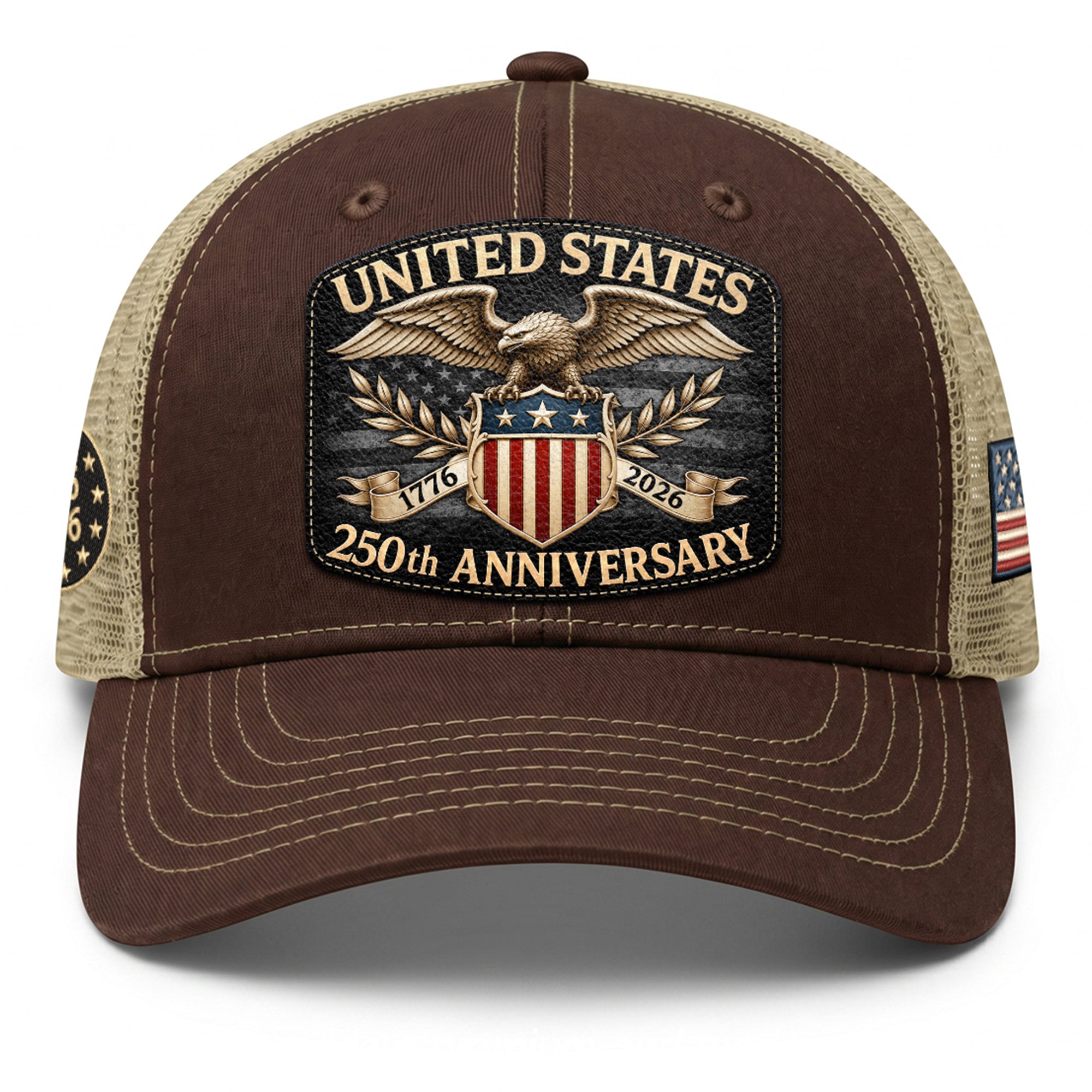 1776 to 2026 Anniversary Brown Tan Mesh Back Hat Leather Patch Trucker Cap