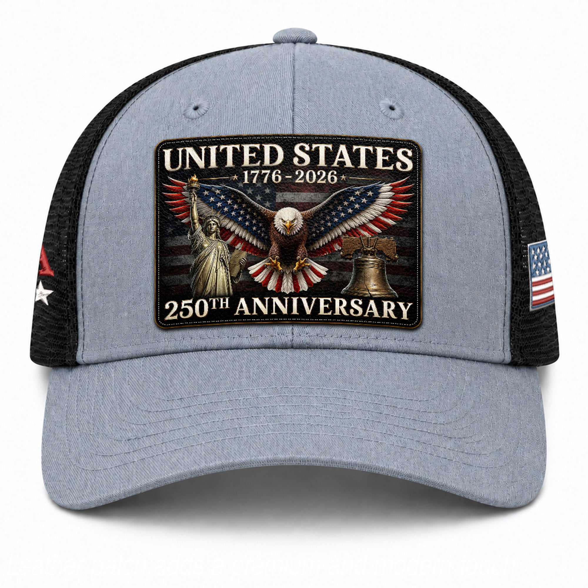 Gray Black Mesh Back Cap Leather Patch 1776 to 2026 Structured Anniversary Hat