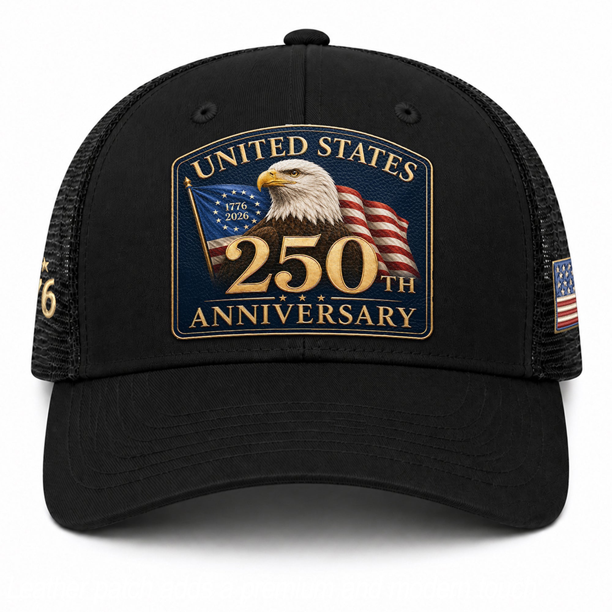 Structured Black Mesh Cap Leather Patch 1776 to 2026 Anniversary Headwear
