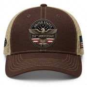 United States 250th Anniversary Leather Patch Hat Patriotic Mesh Back Cap Brown