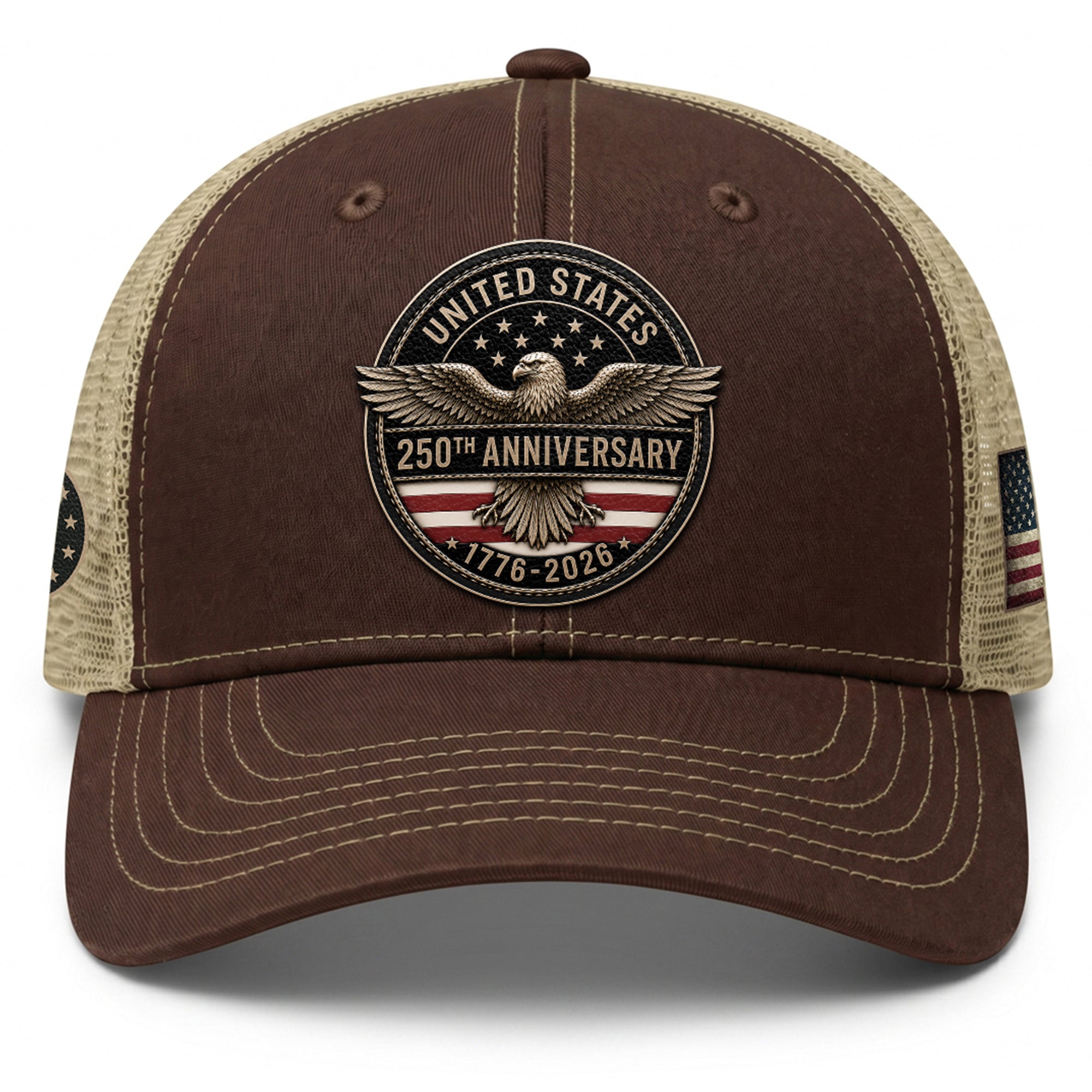United States 250th Anniversary Leather Patch Hat Patriotic Mesh Back Cap Brown