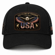 USA 250 Years Of Freedom Leather Patch Hat Patriotic Mesh Back Cap Black