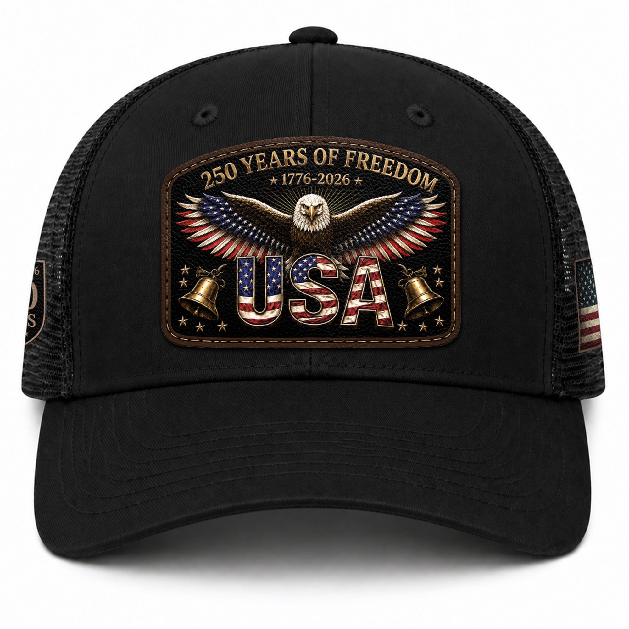 USA 250 Years Of Freedom Leather Patch Hat Patriotic Mesh Back Cap Black