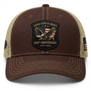 Vintage Style USA 250th Anniversary Leather Patch Hat Patriotic Mesh Back Cap