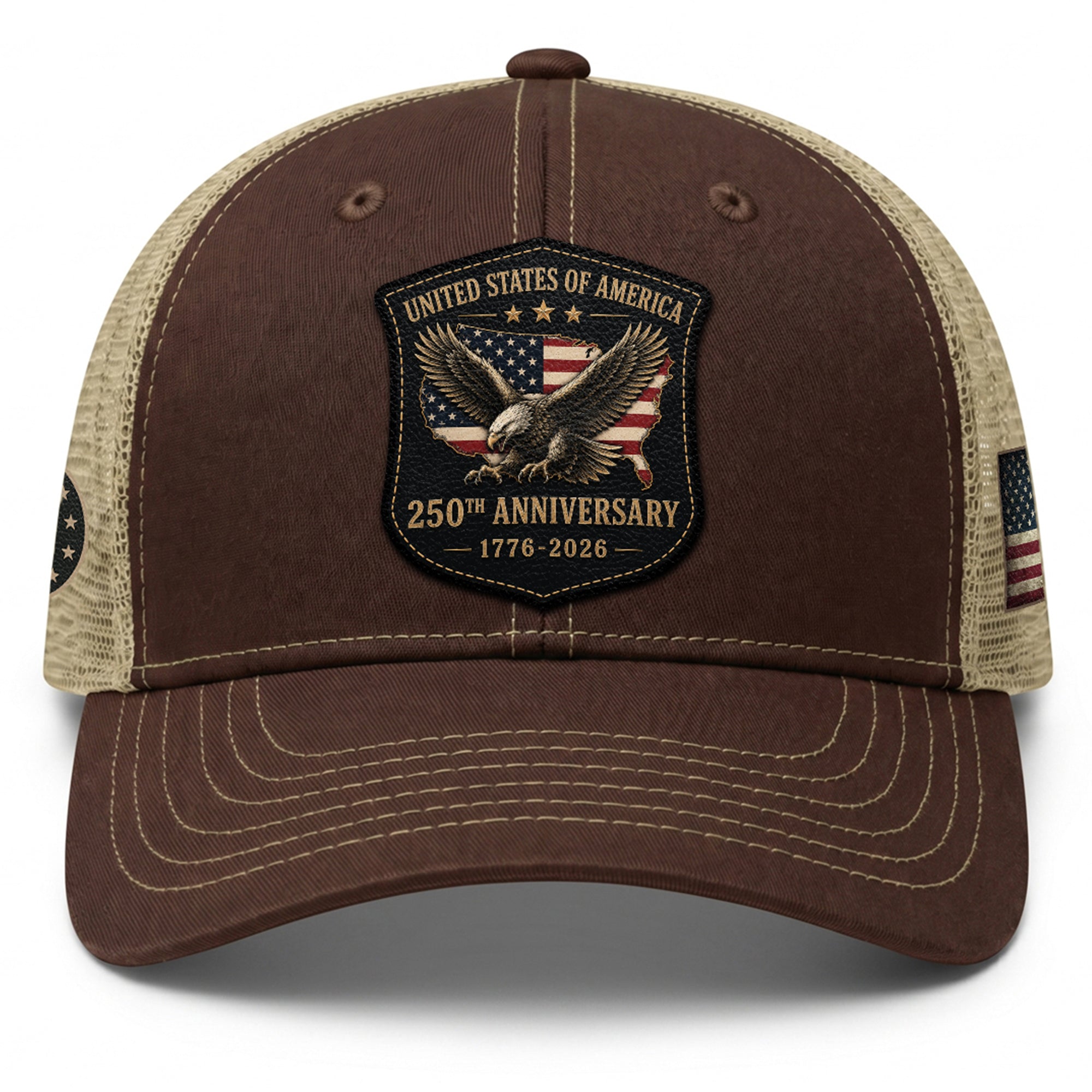 Vintage Style USA 250th Anniversary Leather Patch Hat Patriotic Mesh Back Cap