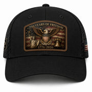 Black Patriotic Leather Patch Hat 250 Years Of Freedom USA Mesh Back Trucker Cap