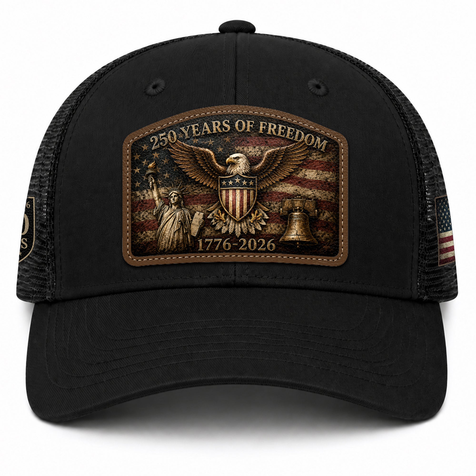 Black Patriotic Leather Patch Hat 250 Years Of Freedom USA Mesh Back Trucker Cap