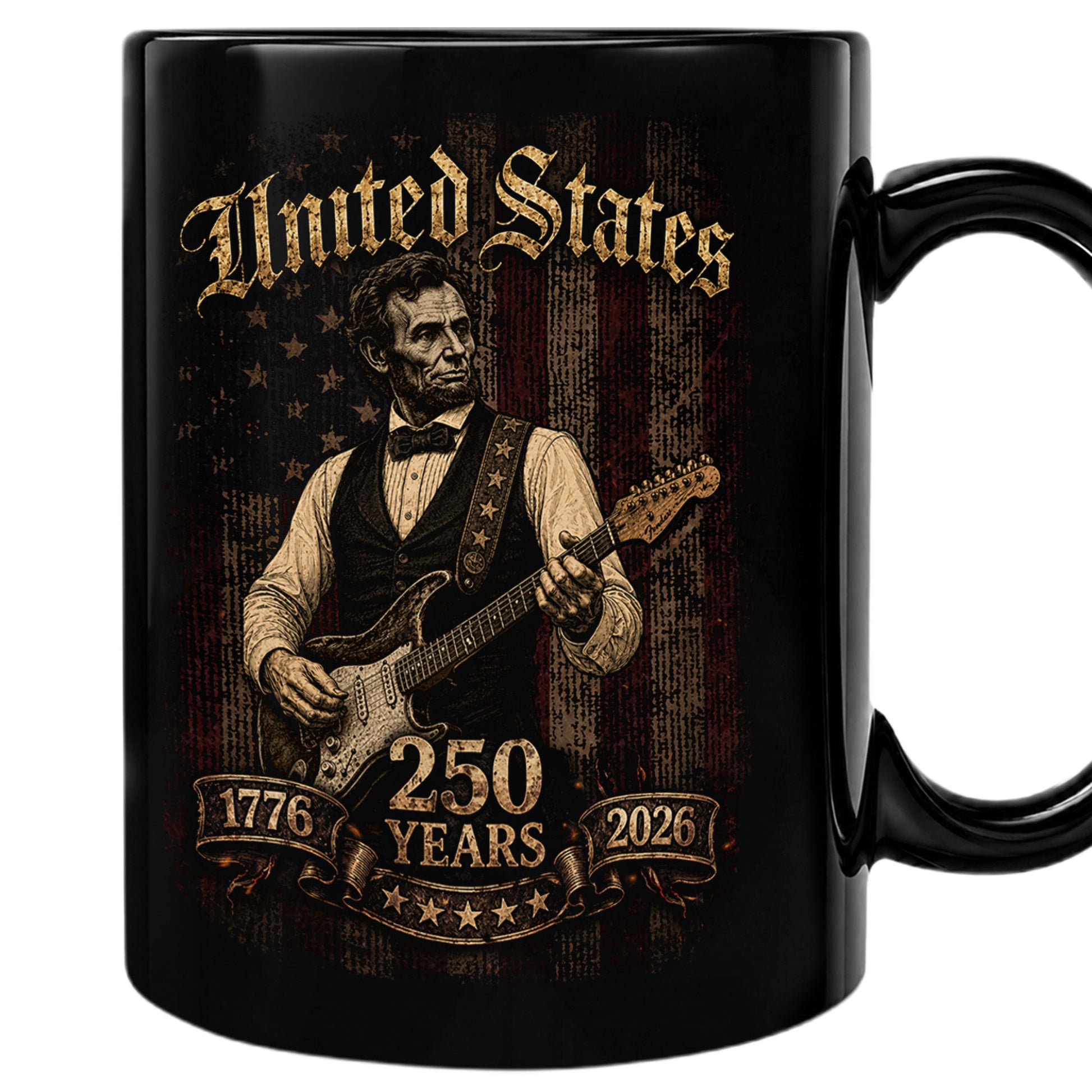 Abraham Lincoln Guitar Mug - Vintage 250 Years 1776-2026 Patriotic US Rock Music Gift - Rust Field Wear