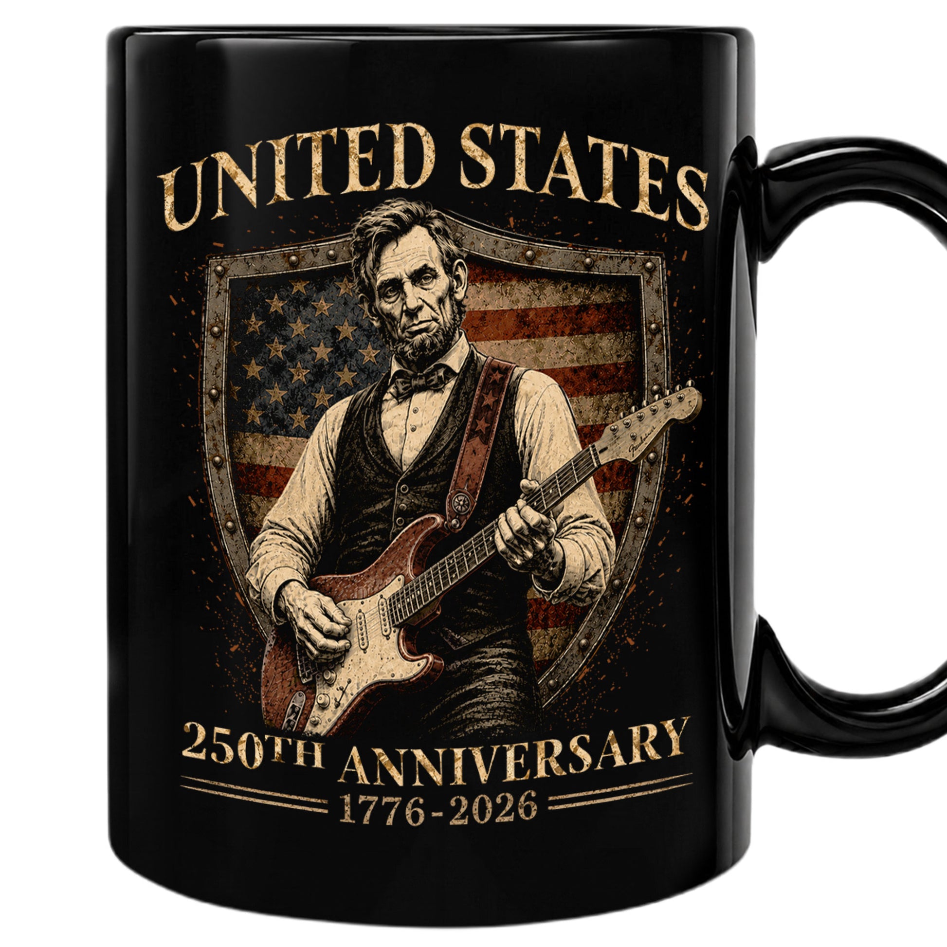 United States 250th Anniversary Mug Abraham Lincoln Guitar Shield 1776 2026 - Rust Field Wear