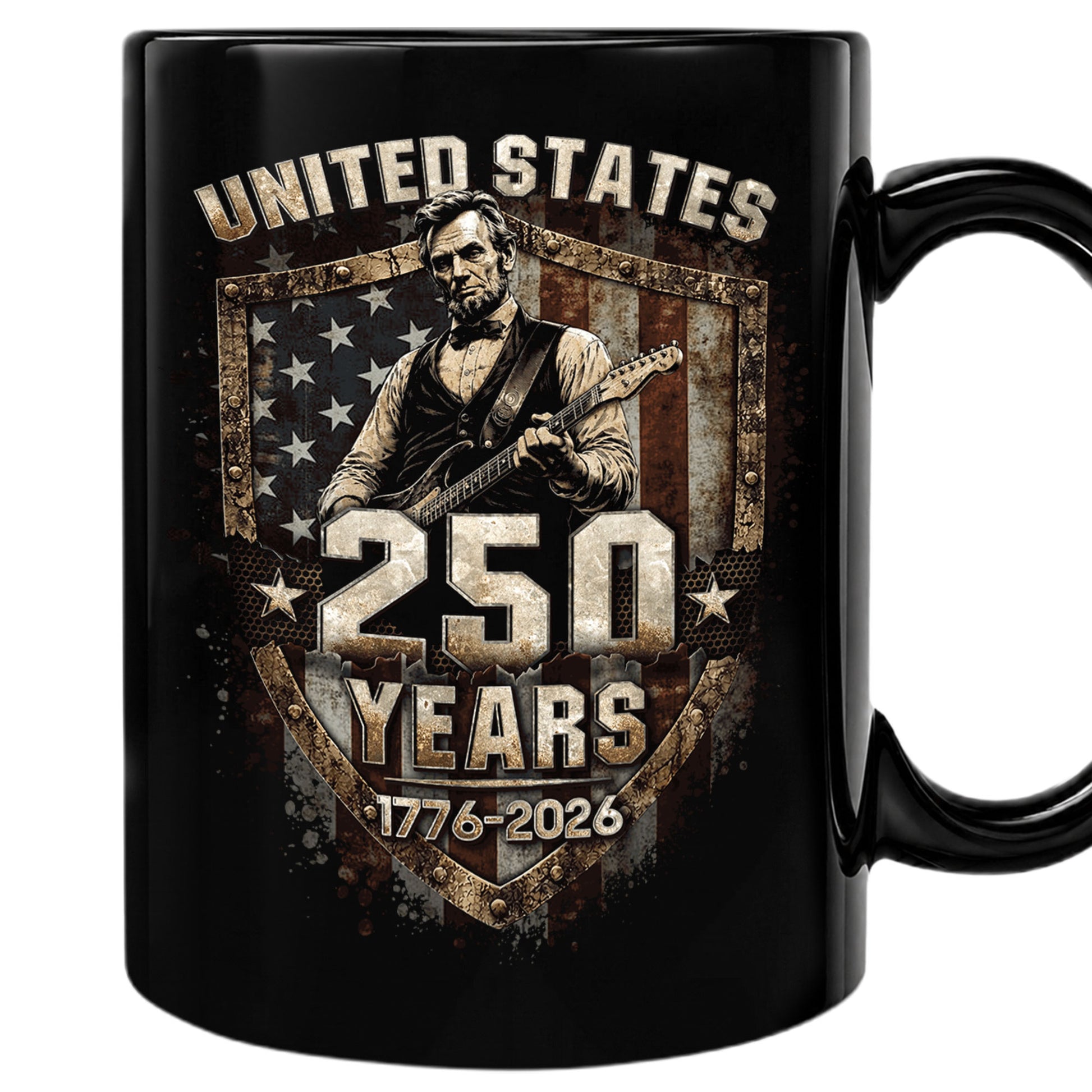 Patriotic Lincoln Guitar Ceramic Mug - Vintage Flag Graphic Beverage Cup for Fans - Rust Field Wear