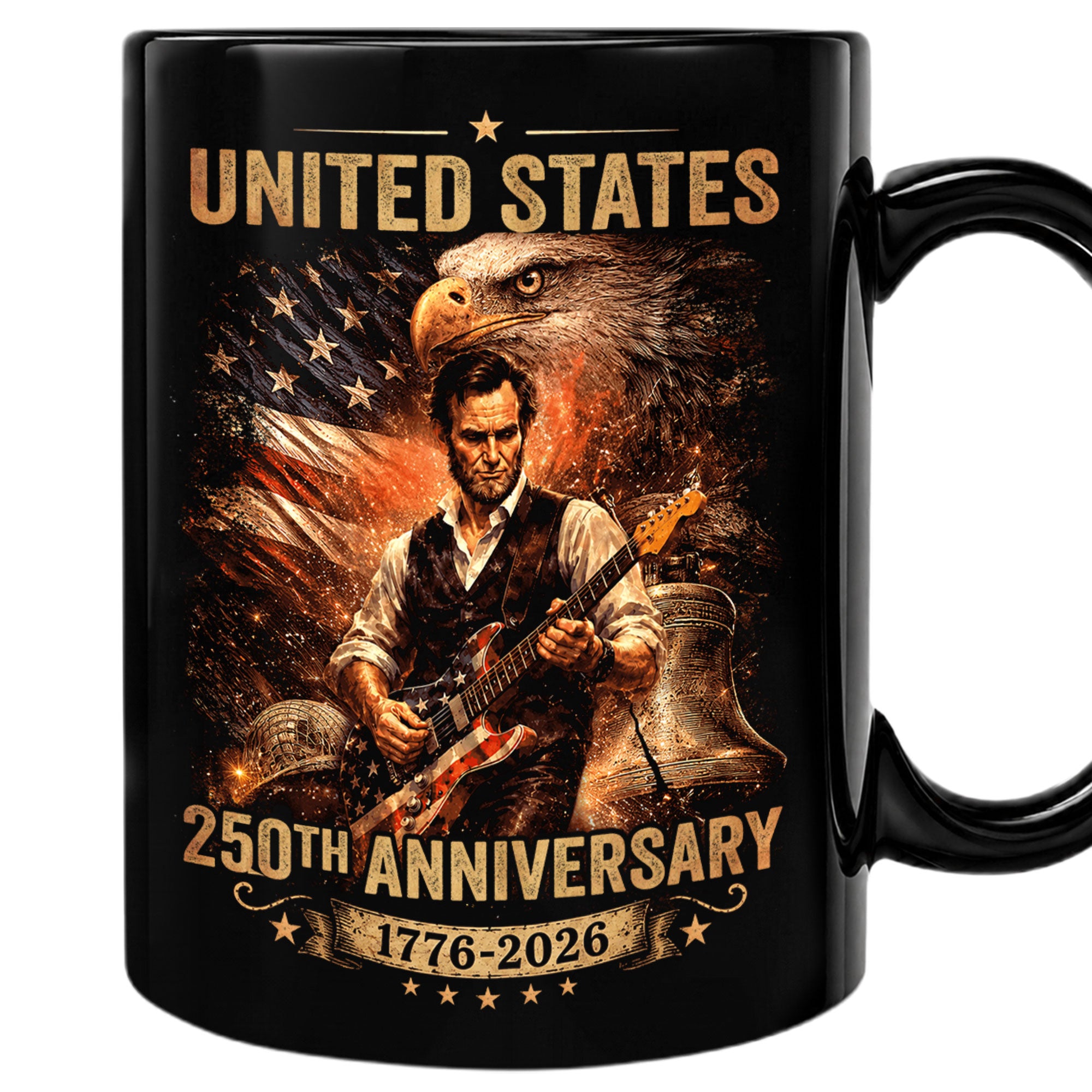 Patriotic Lincoln Guitar Ceramic Mug - Eagle Flag 1776-2026 Anniversary Beverage Cup