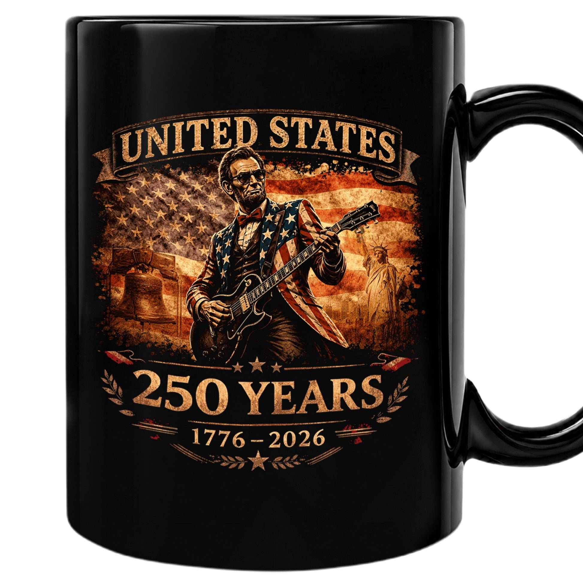 Lincoln Guitar Ceramic Mug - Patriotic Statue Liberty Flag Vintage Beverage Cup - Rust Field Wear