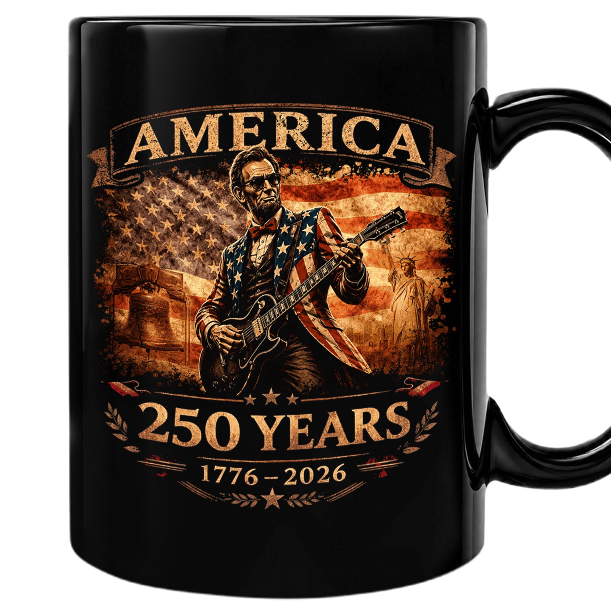 Lincoln Guitar Ceramic Mug - Patriotic Statue Liberty Flag Vintage Beverage Cup