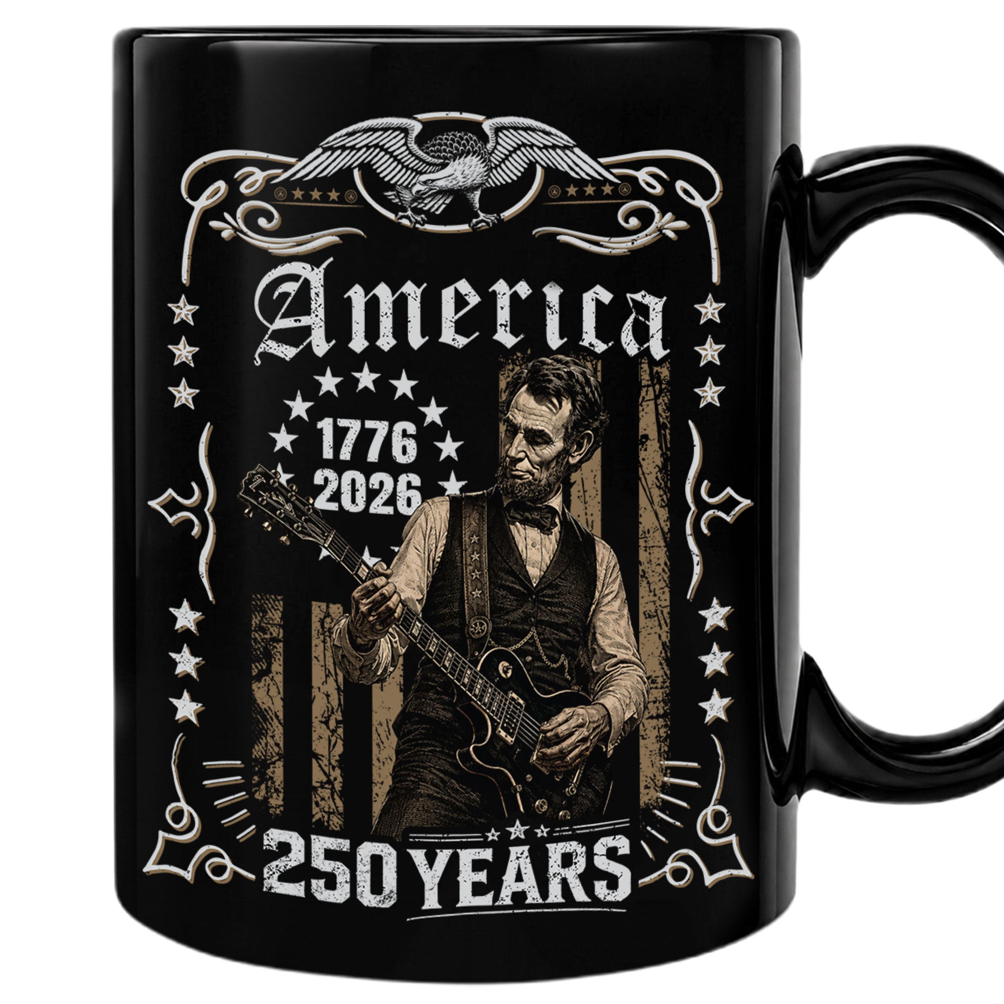 Historic Lincoln Guitar Ceramic Mug - Patriotic Eagle Flag Anniversary Beverage Cup