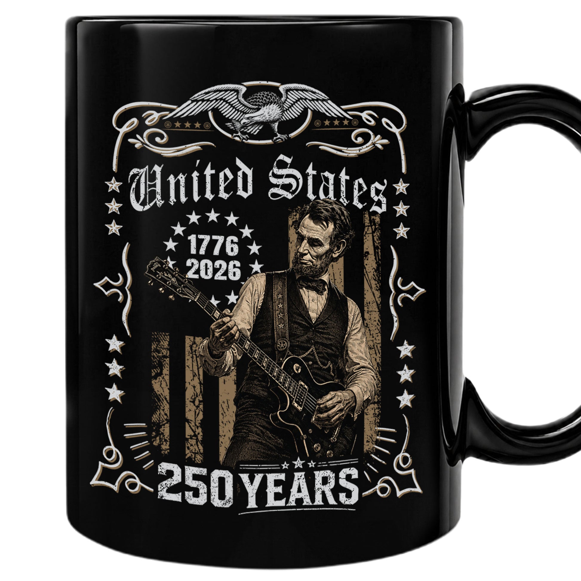 Historic Lincoln Guitar Ceramic Mug - Patriotic Eagle Flag Anniversary Beverage Cup - Rust Field Wear