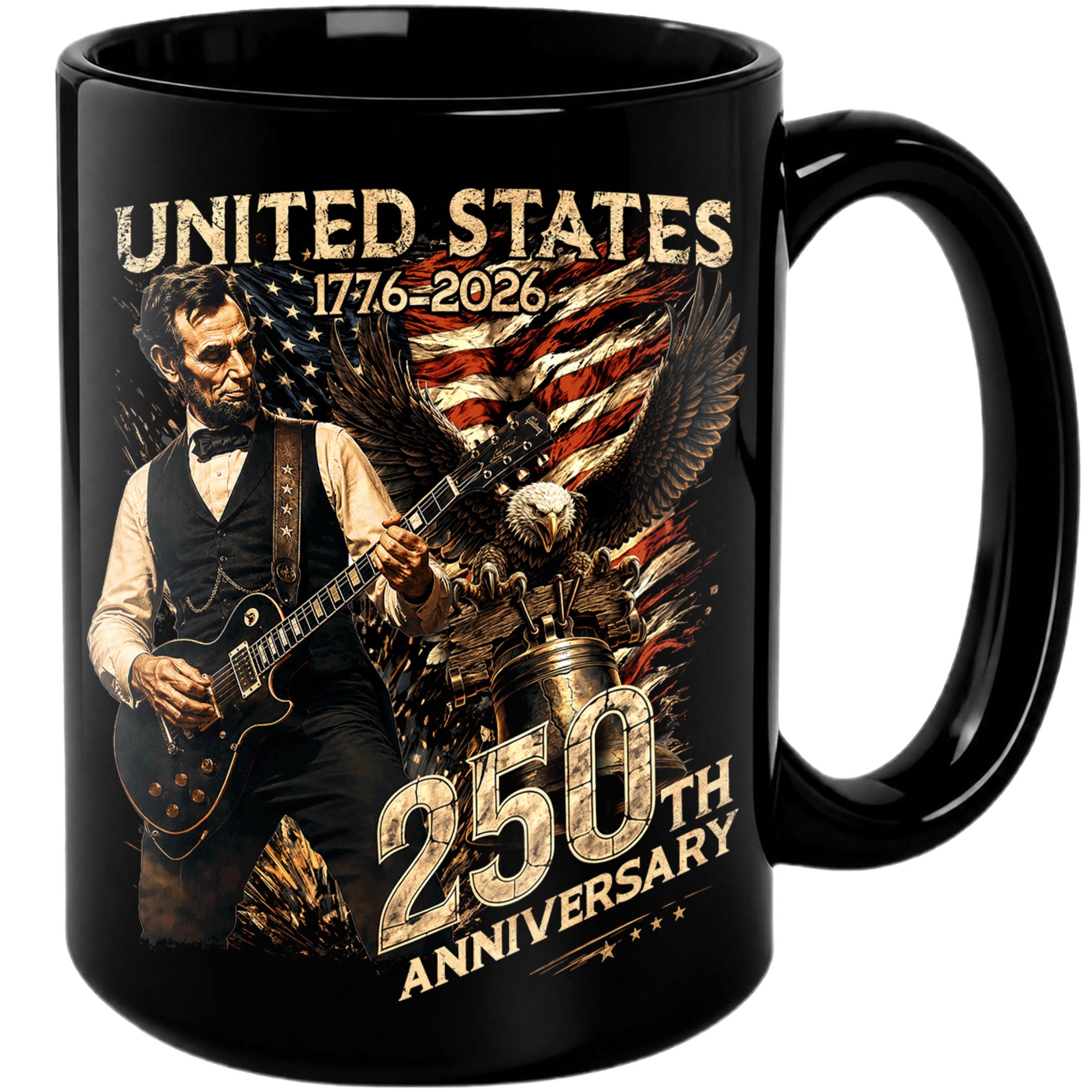 US 250th Anniversary Mug 1776-2026 Vintage United States Lincoln Guitar Bald Eagle Bell