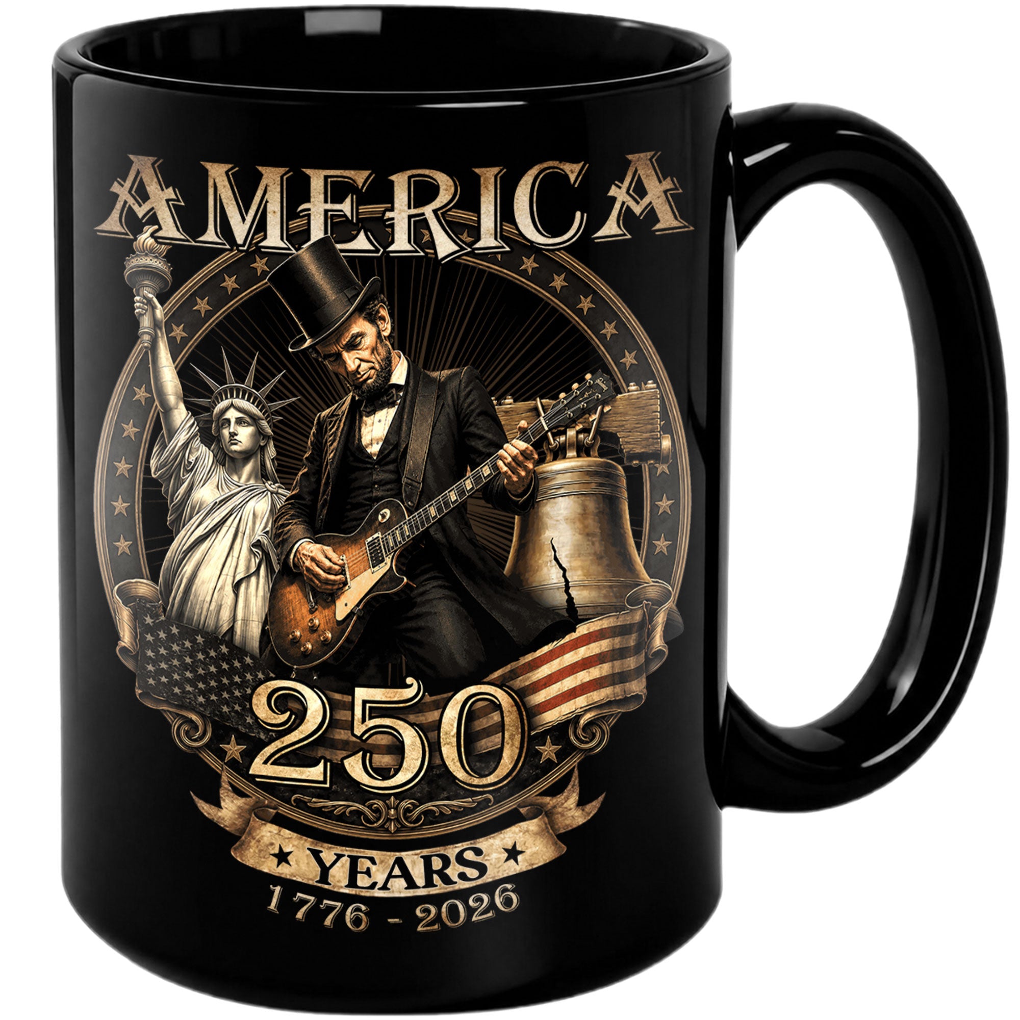 Patriotic Mug 250 Years 1776-2026 United States Statue Of Liberty Lincoln Rock Guitar
